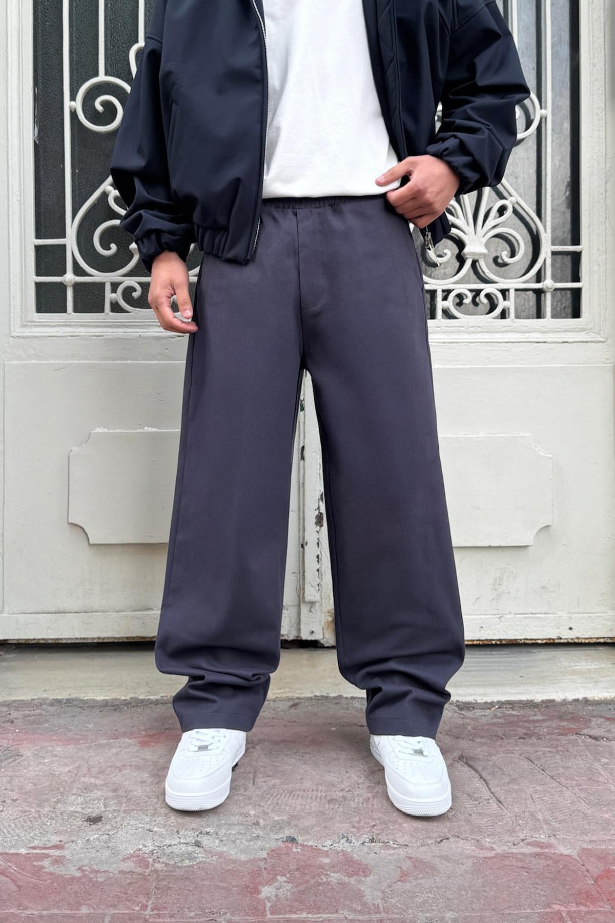 Bel Lastikli Baggy Gabardin Pantolon Füme