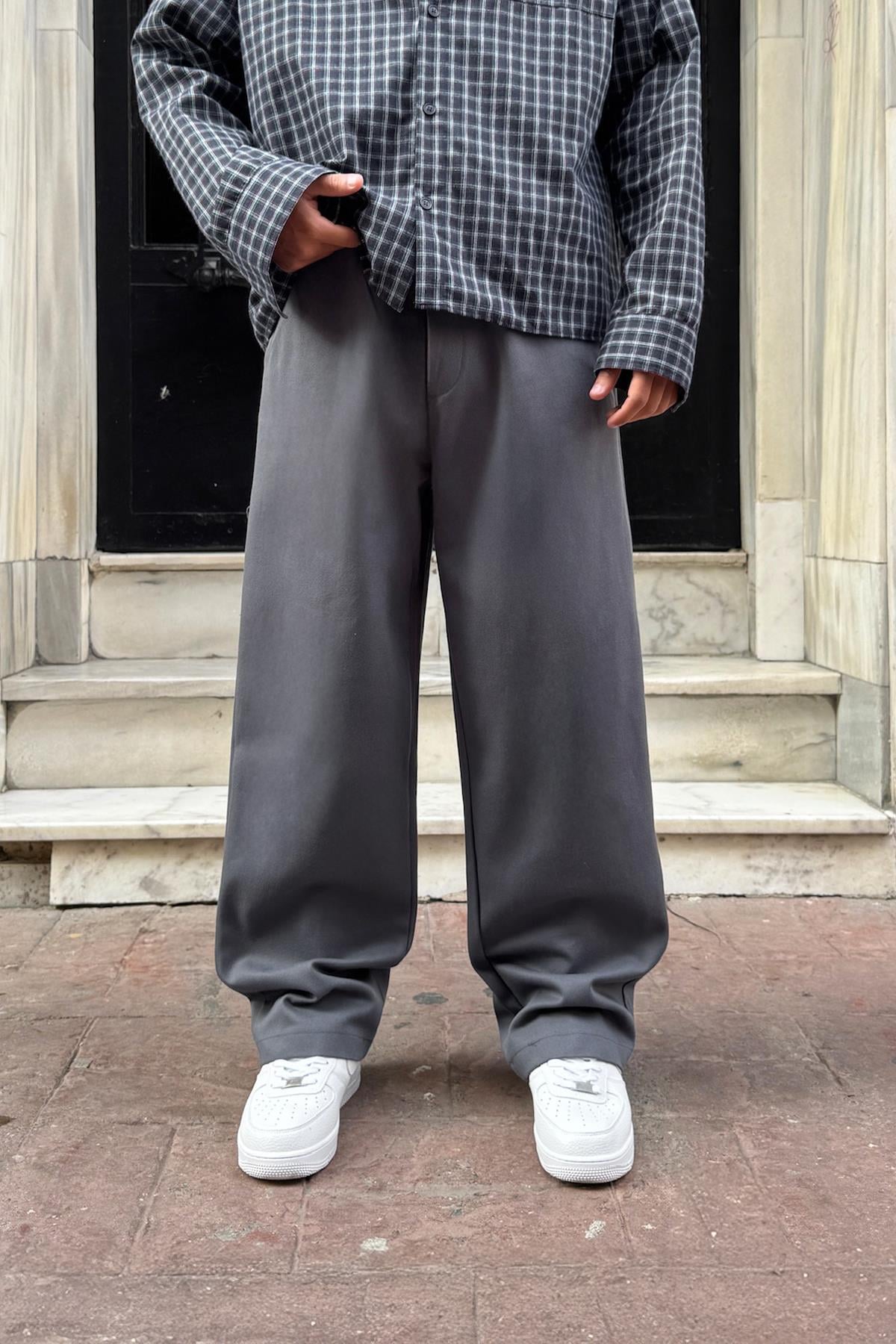 Bel Lastikli Baggy Gabardin Pantolon Gri
