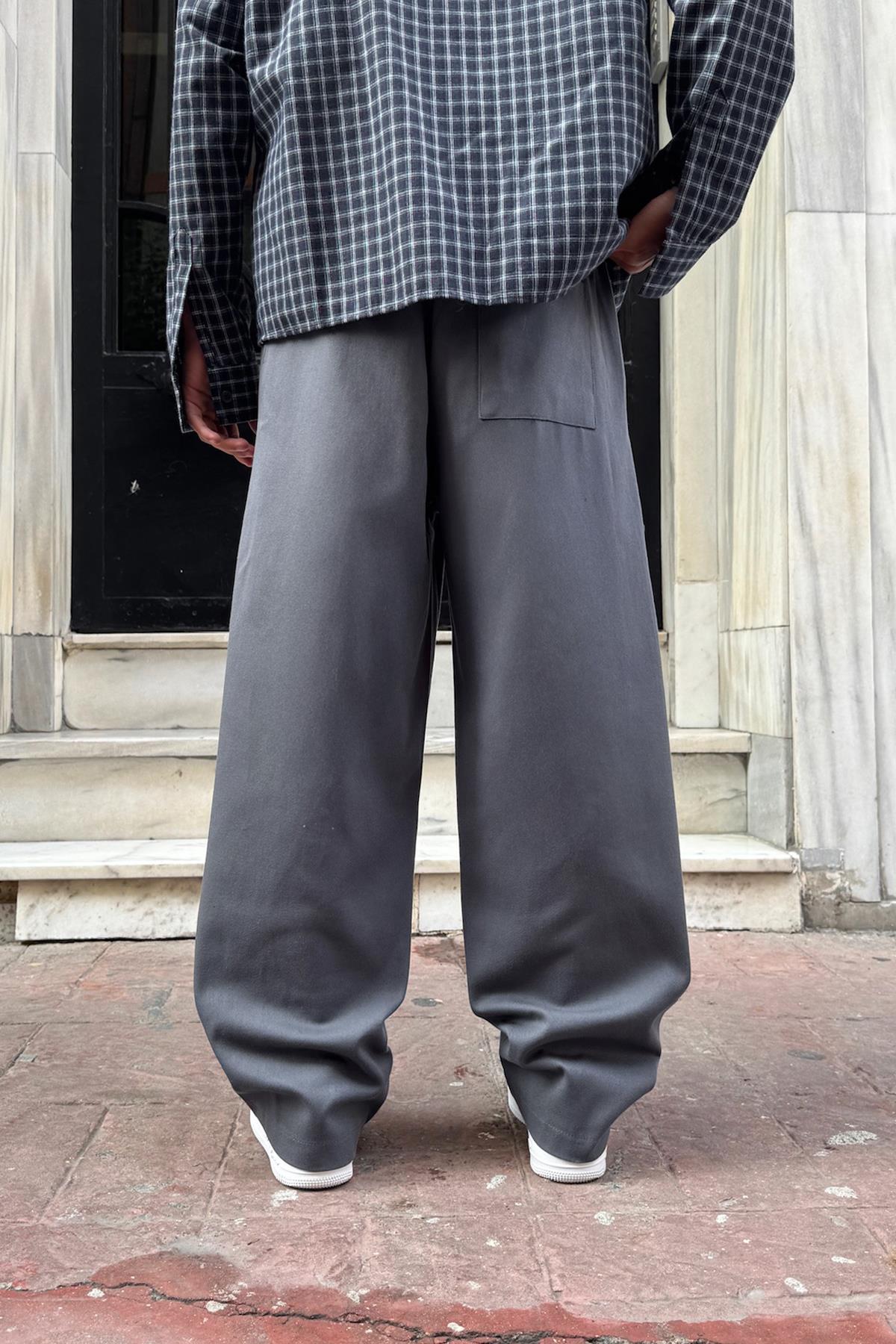 Bel Lastikli Baggy Gabardin Pantolon Gri