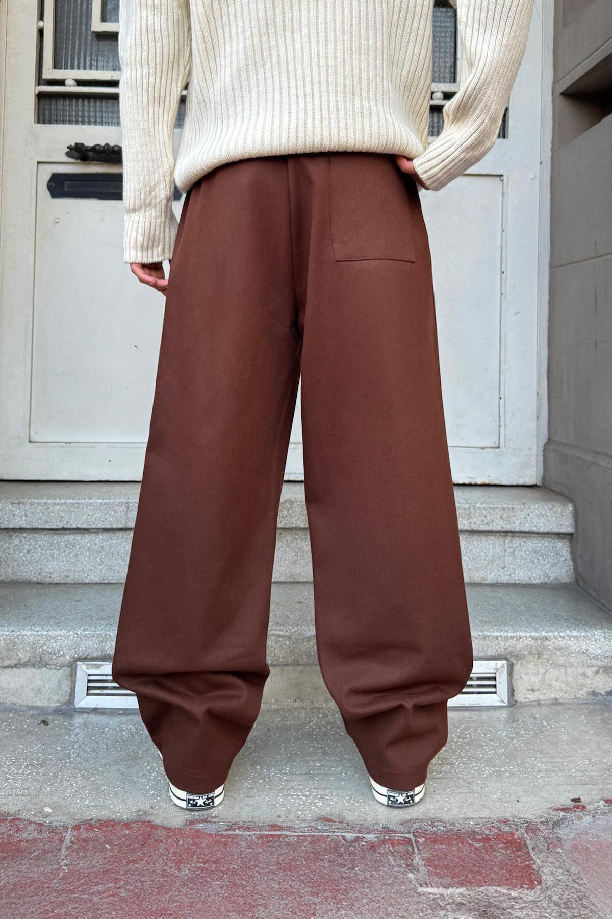 Bel Lastikli Baggy Gabardin Pantolon Kahverengi