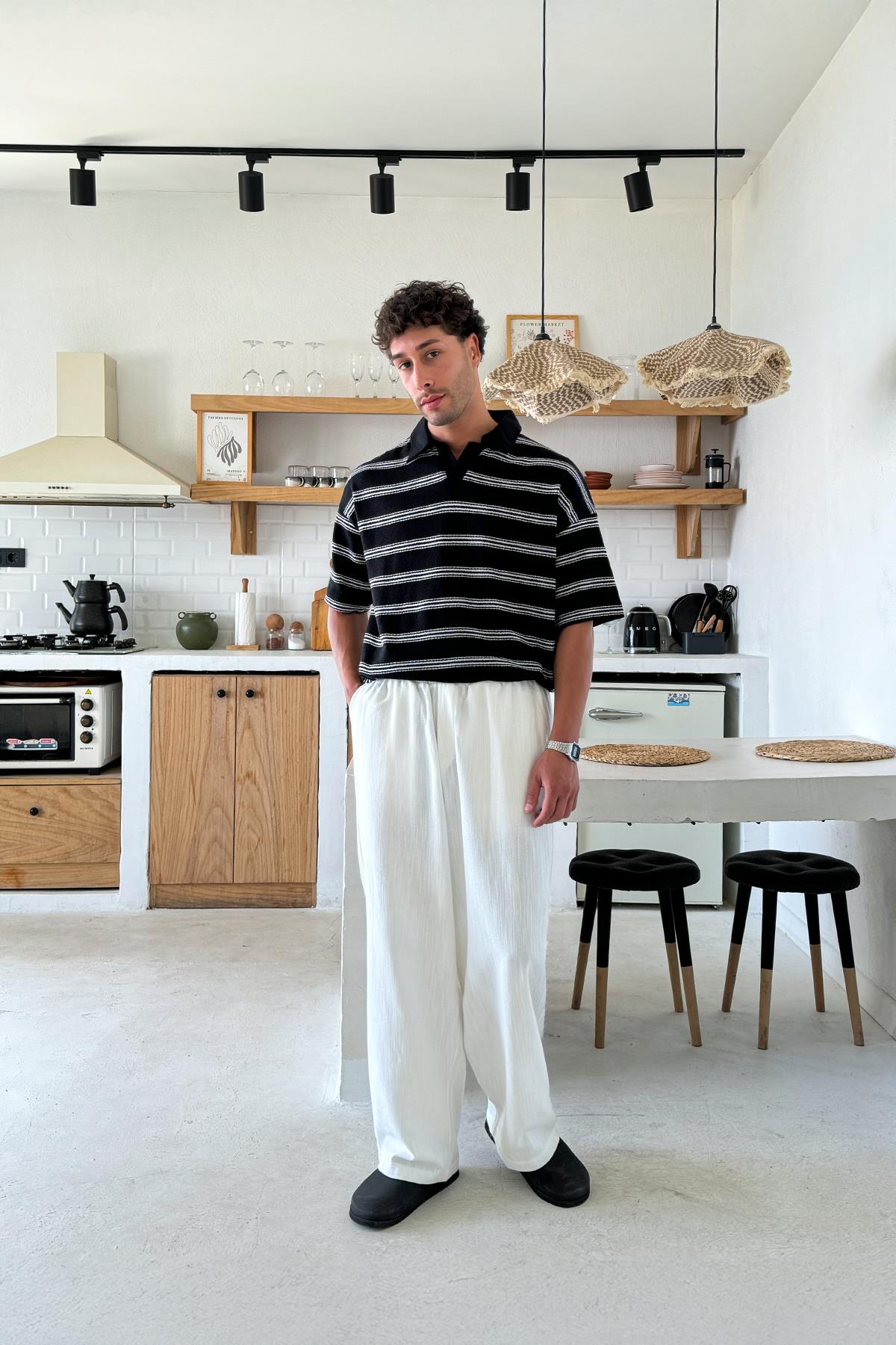 Bel Lastikli Keten Baggy Pantolon Beyaz
