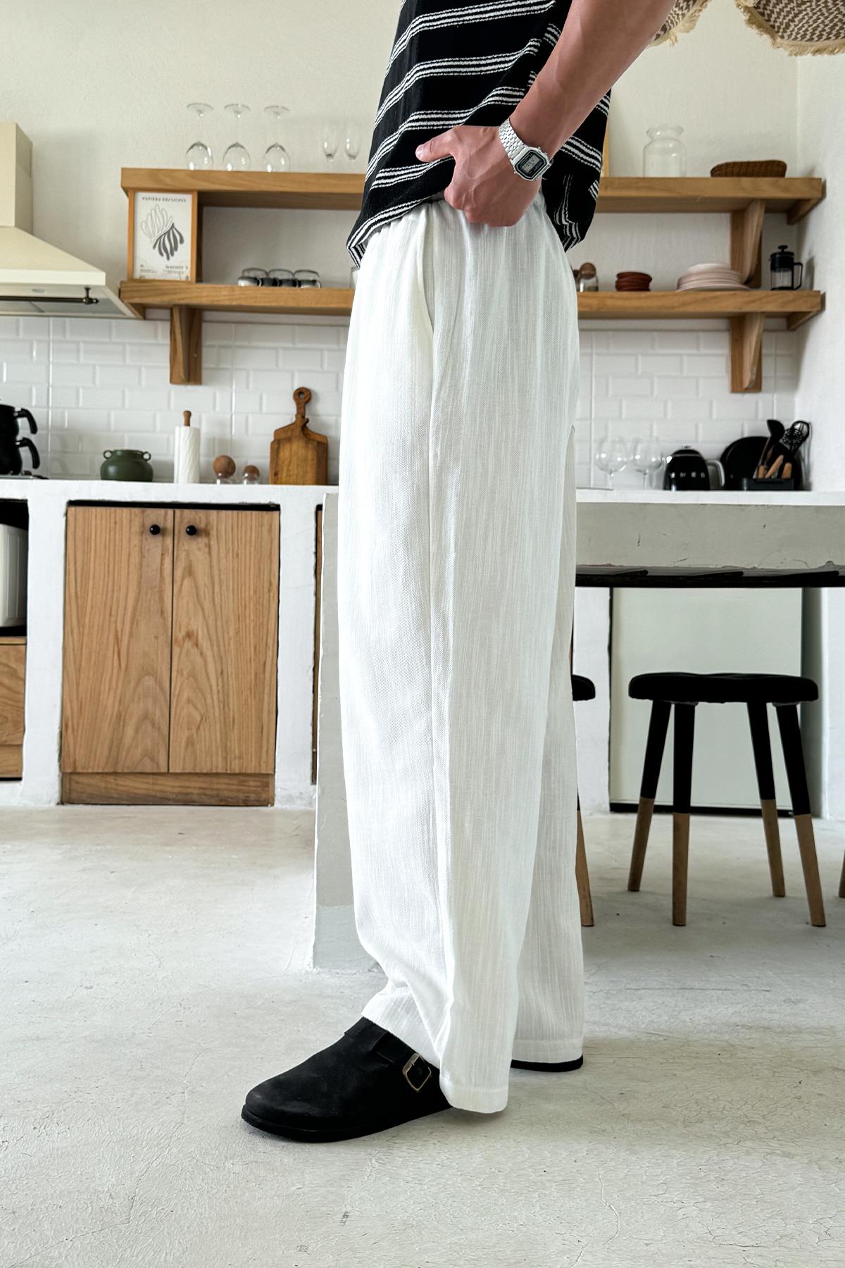 Bel Lastikli Keten Baggy Pantolon Beyaz