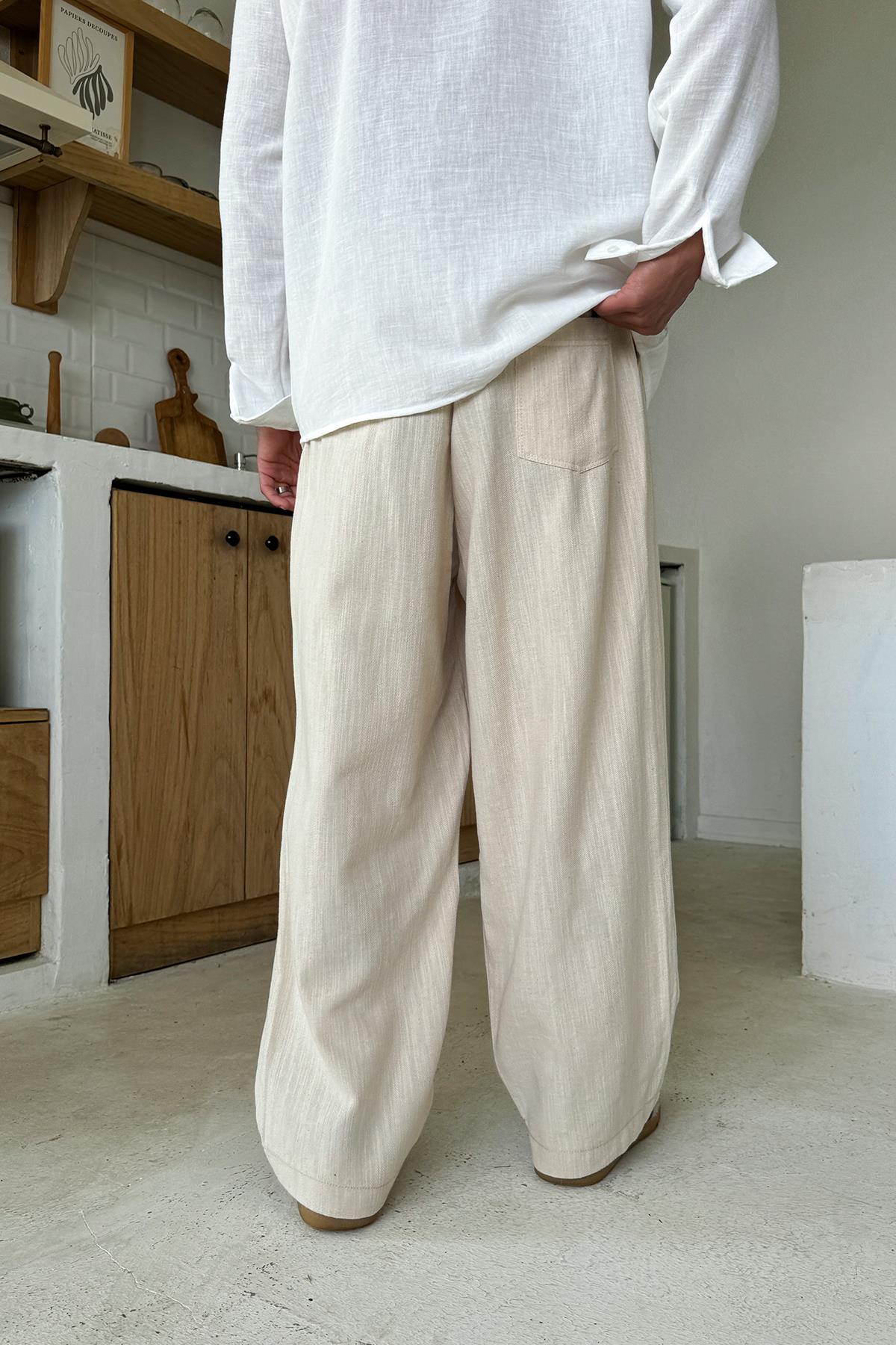 Krem Bel Lastikli Keten Baggy Pantolon Bej