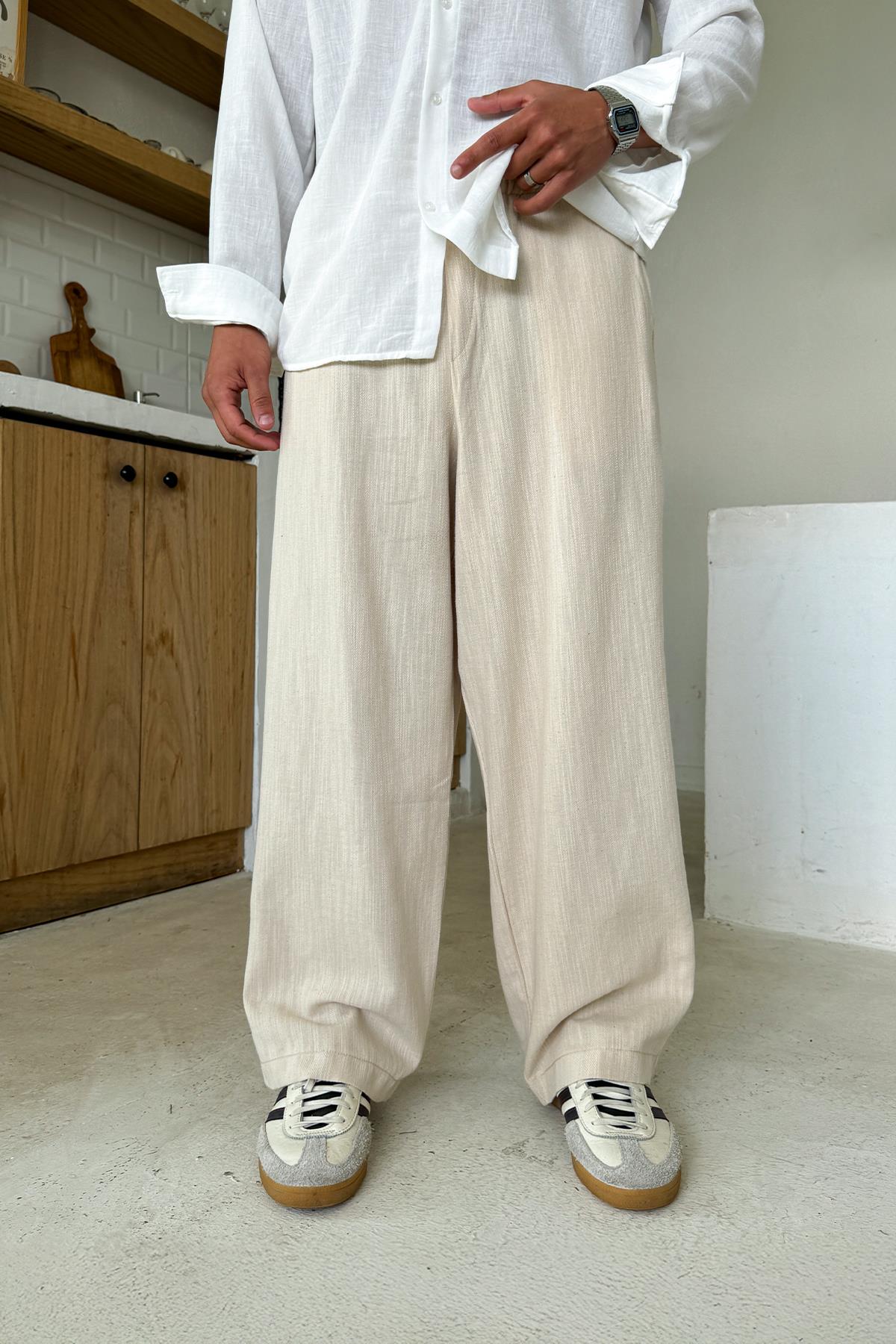 Krem Bel Lastikli Keten Baggy Pantolon Bej