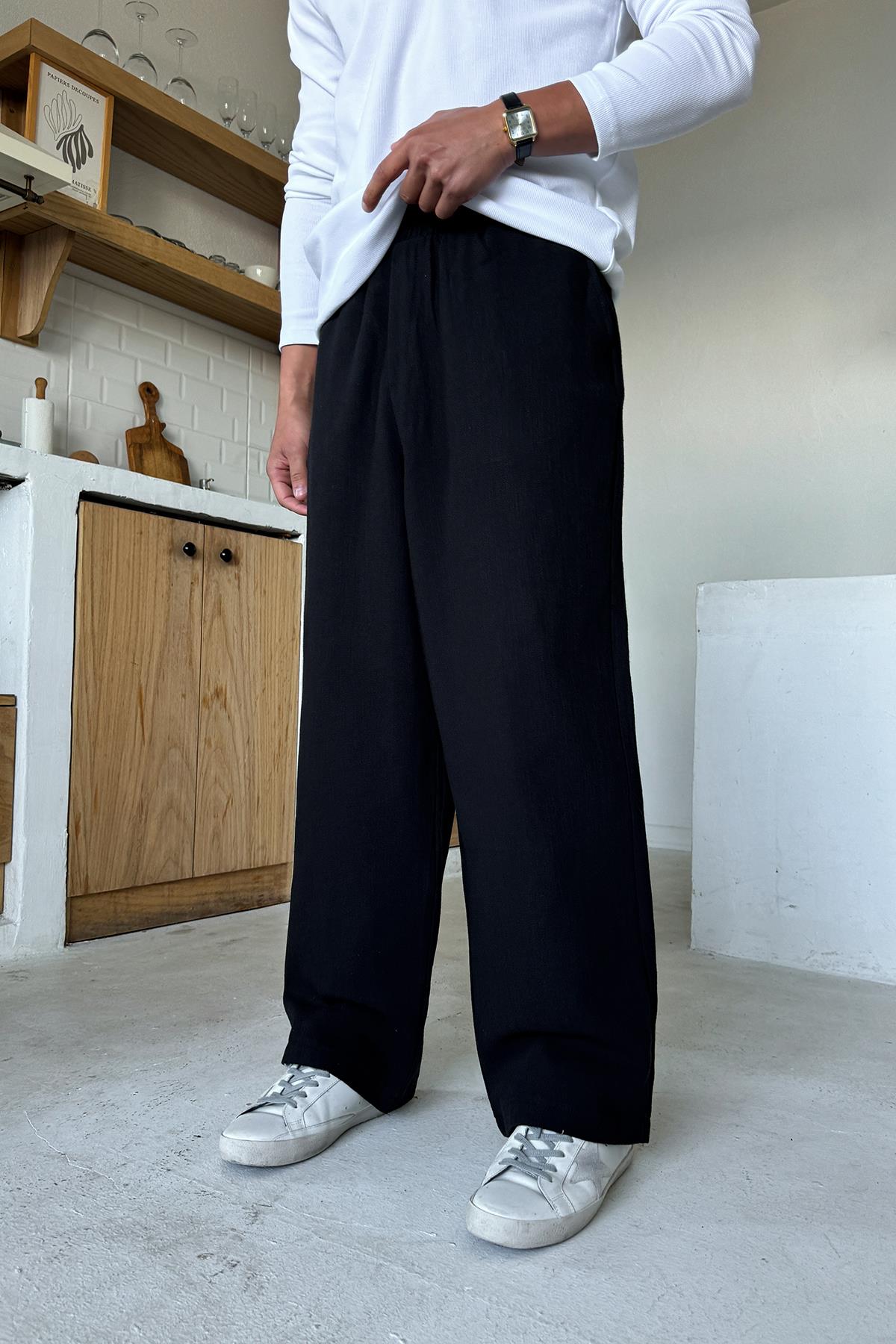 Bel Lastikli Keten Baggy Pantolon Siyah