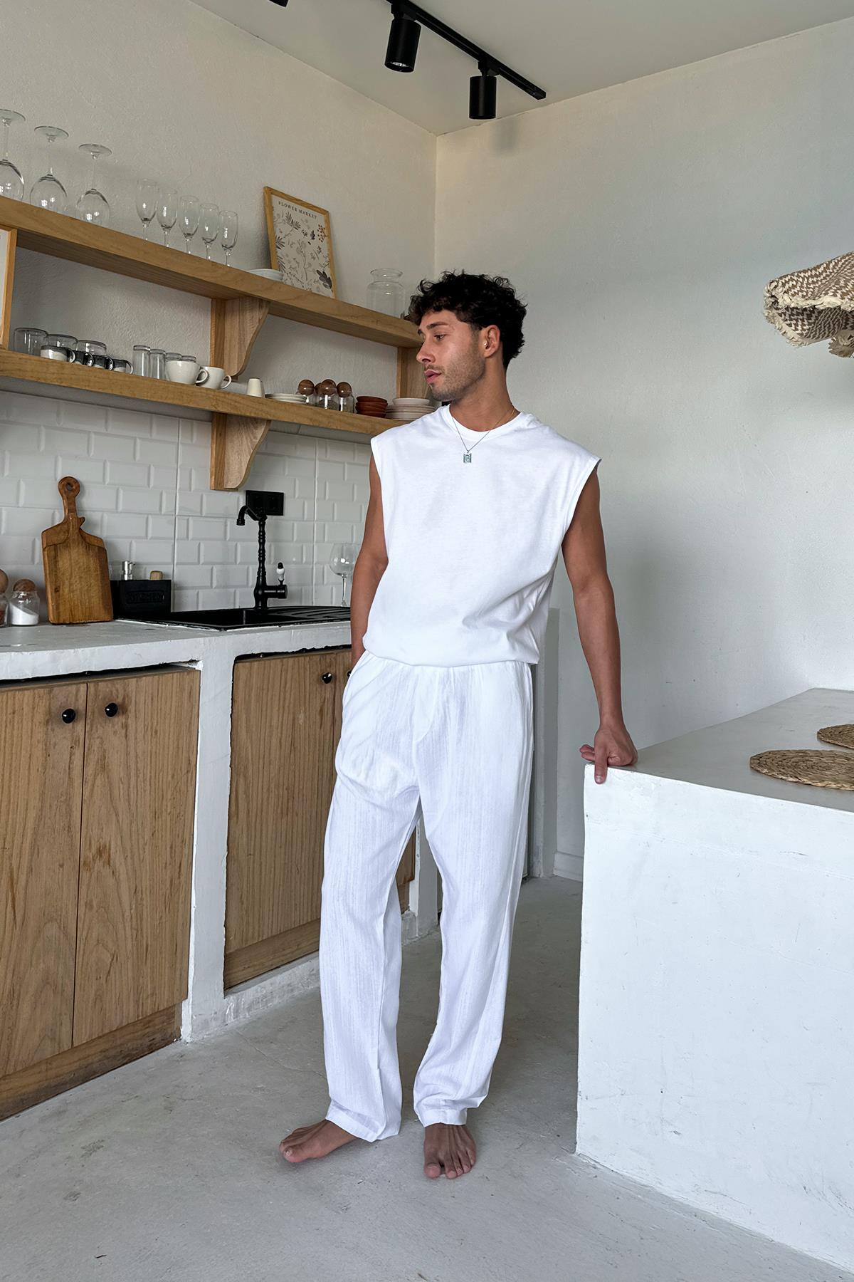 Bel Lastikli Keten Pantolon Beyaz