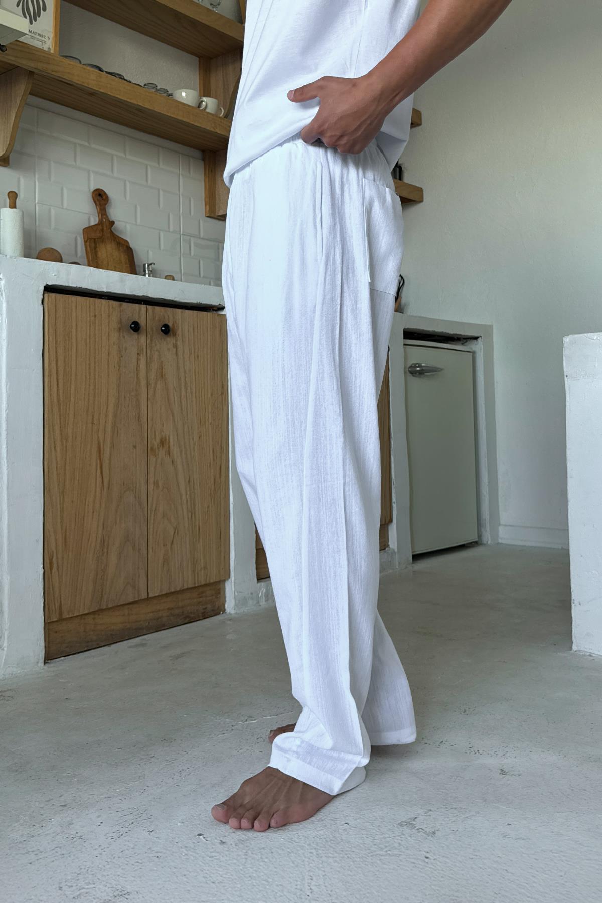 Bel Lastikli Keten Pantolon Beyaz