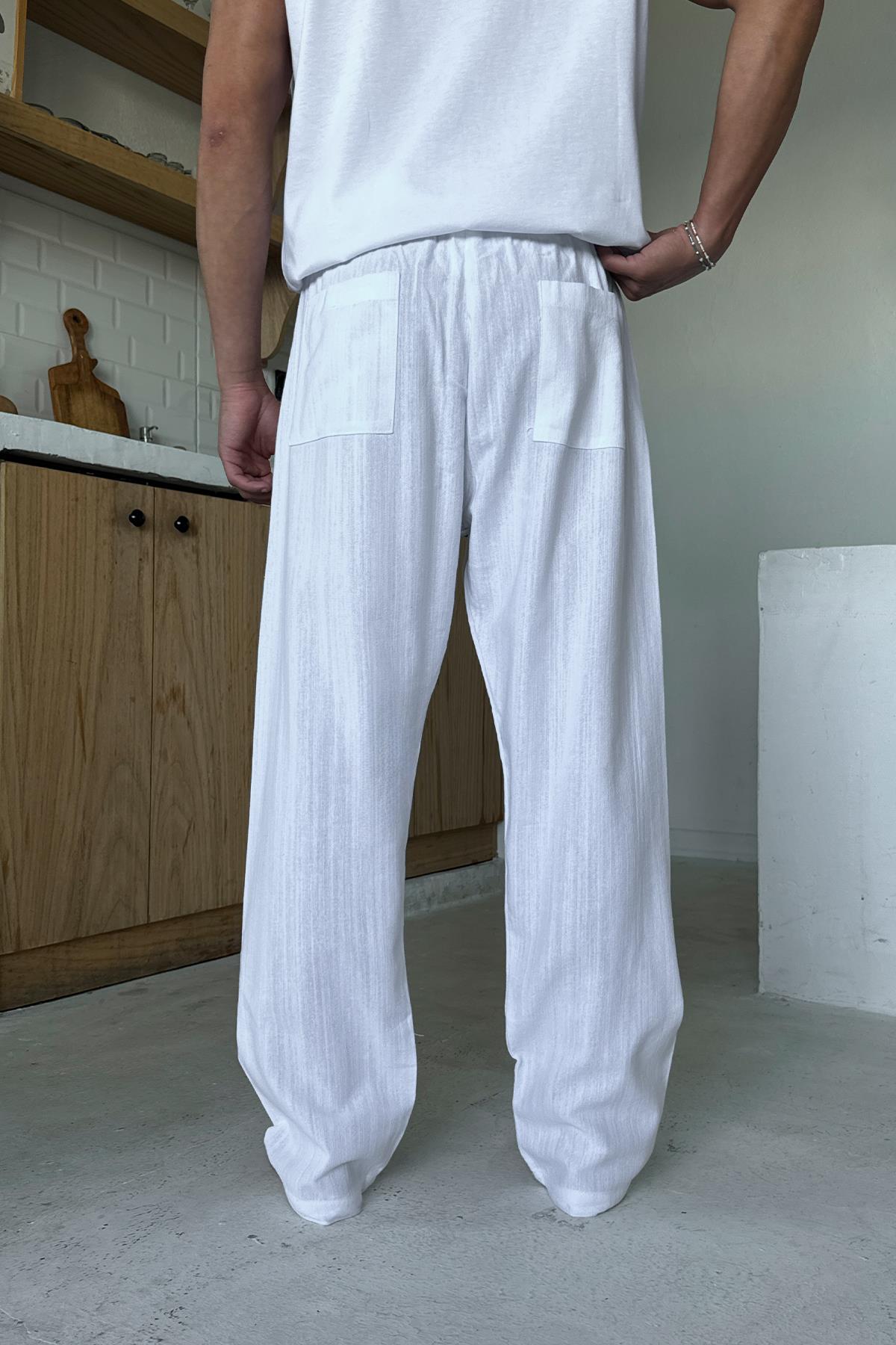 Bel Lastikli Keten Pantolon Beyaz