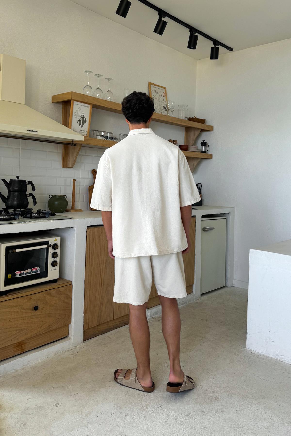 Krem Bel Lastikli Keten Şort Bej