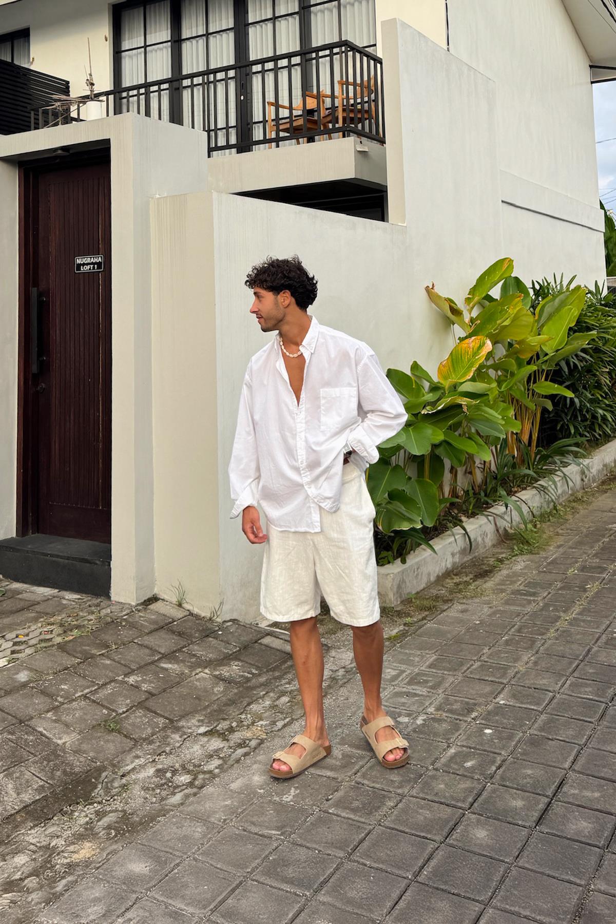 Bel Lastikli Keten Şort Beyaz