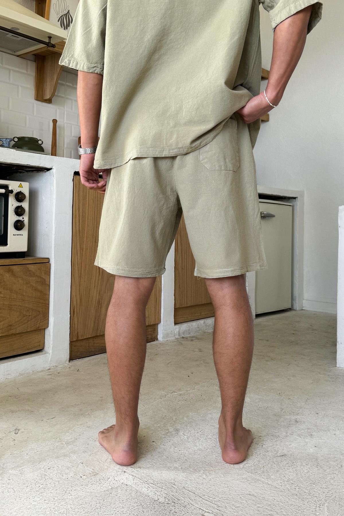 Bel Lastikli Keten Şort Haki