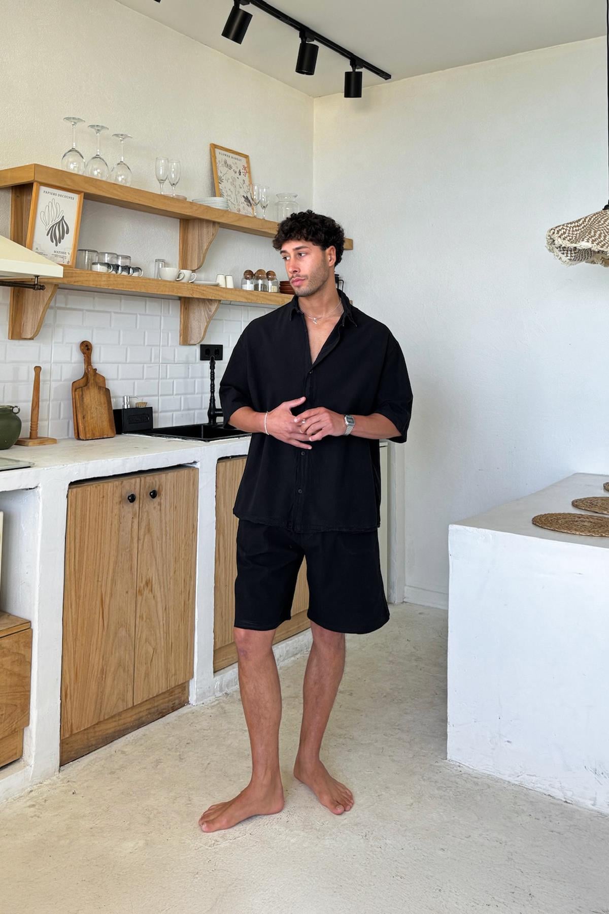 Bel Lastikli Keten Şort Siyah