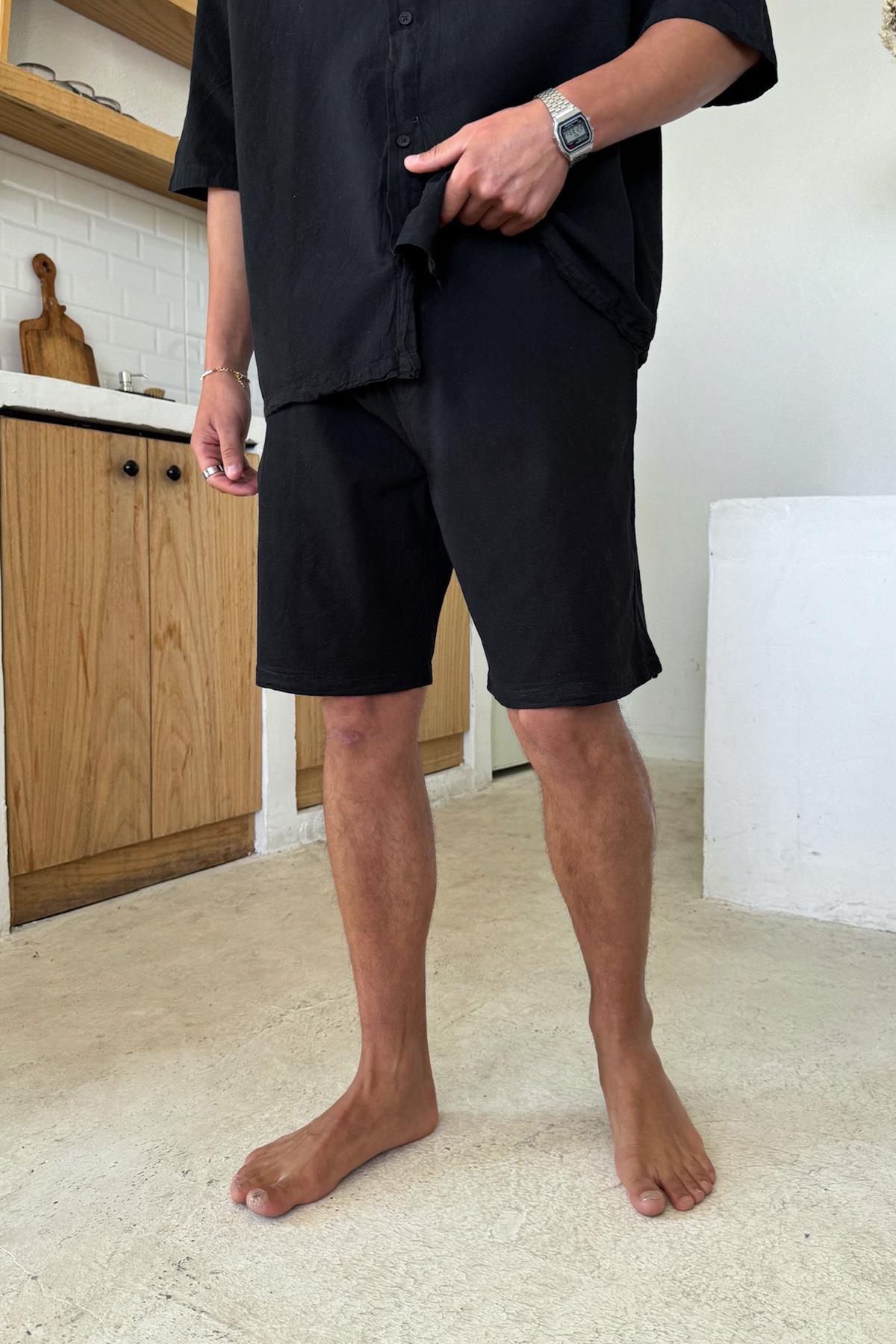 Bel Lastikli Keten Şort Siyah