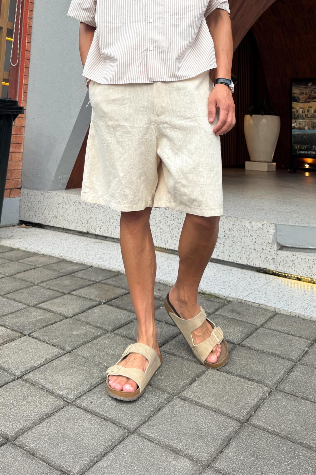 Bel Lastikli Keten Şort Bej