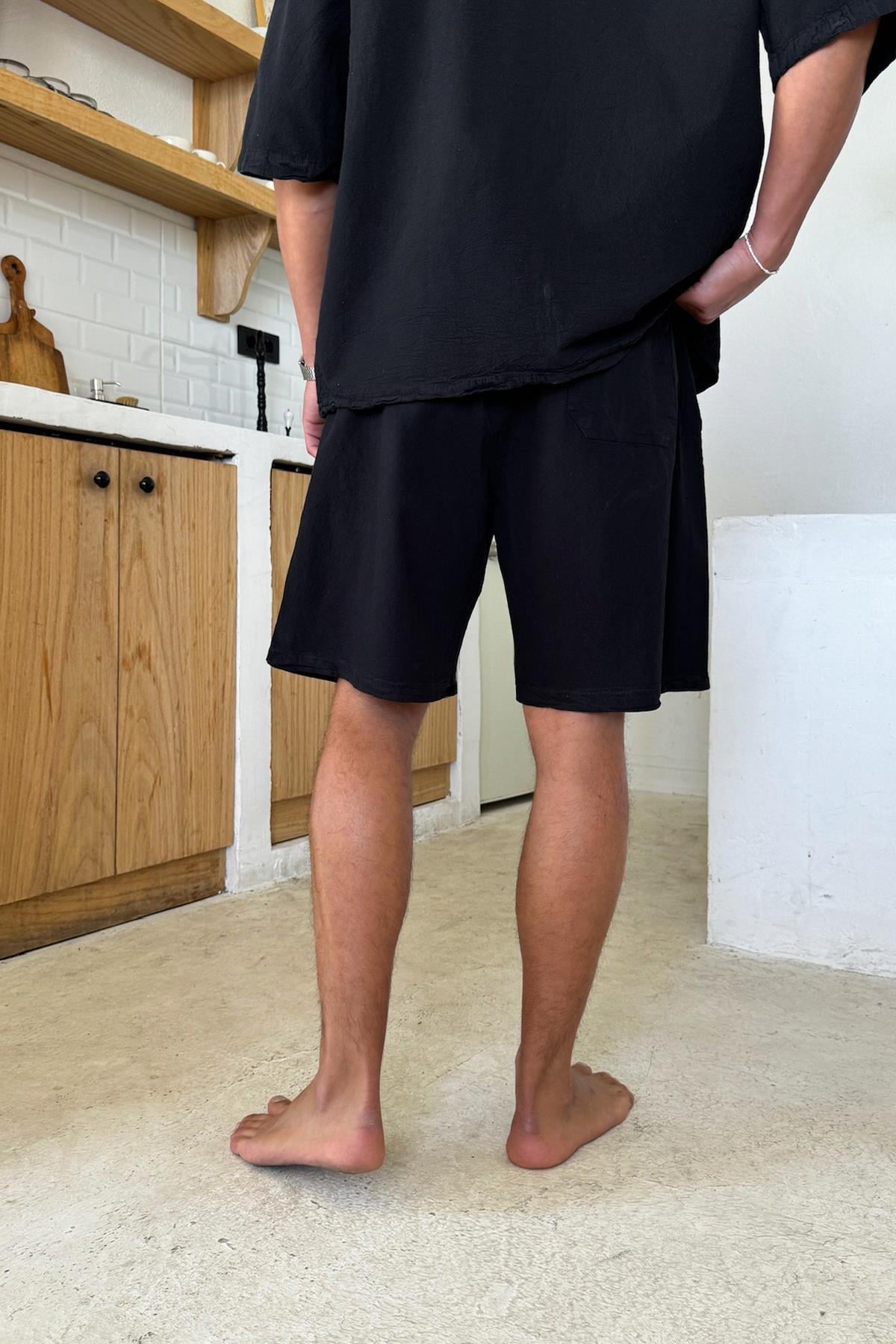 Bel Lastikli Keten Şort Siyah