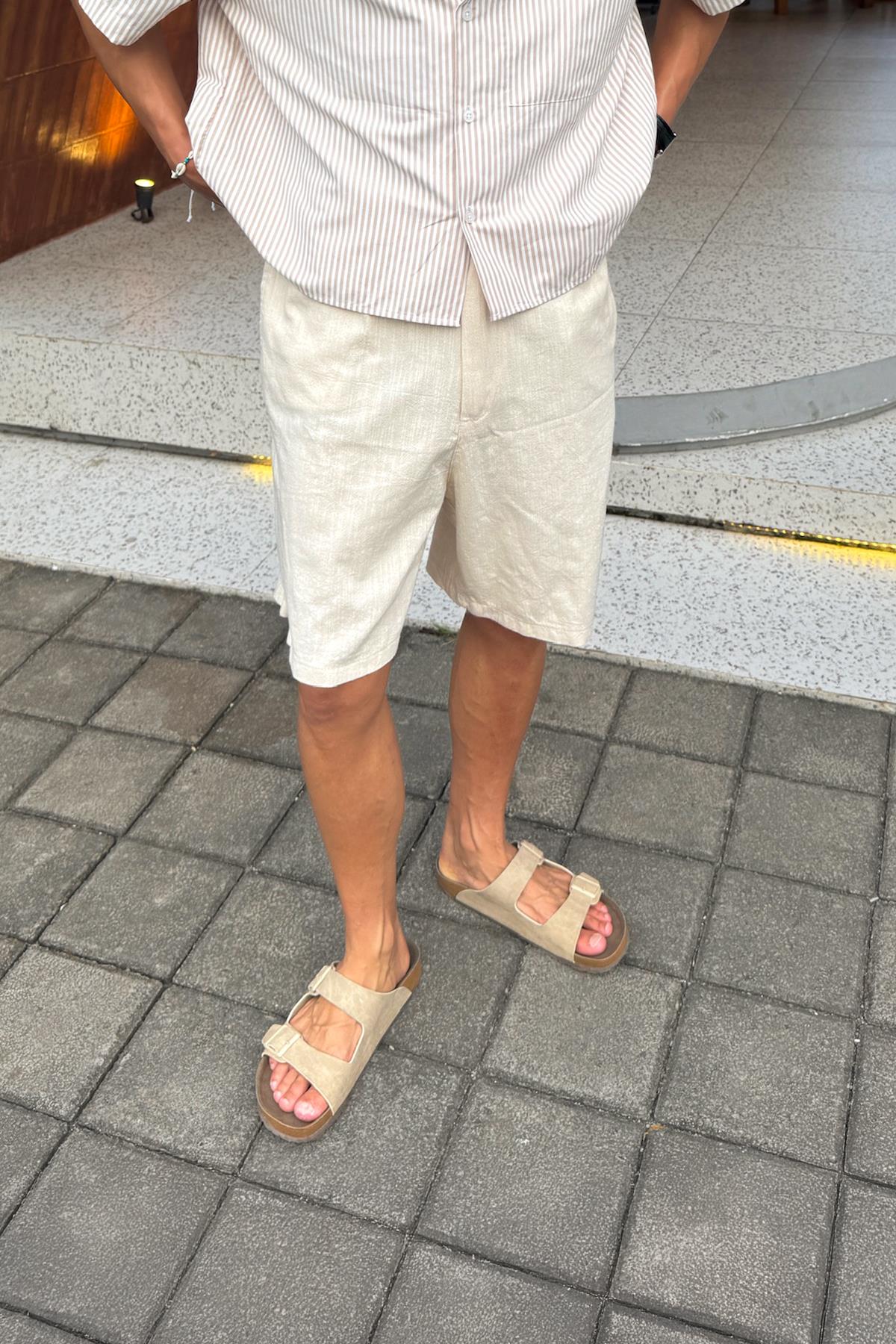 Bel Lastikli Keten Şort Bej