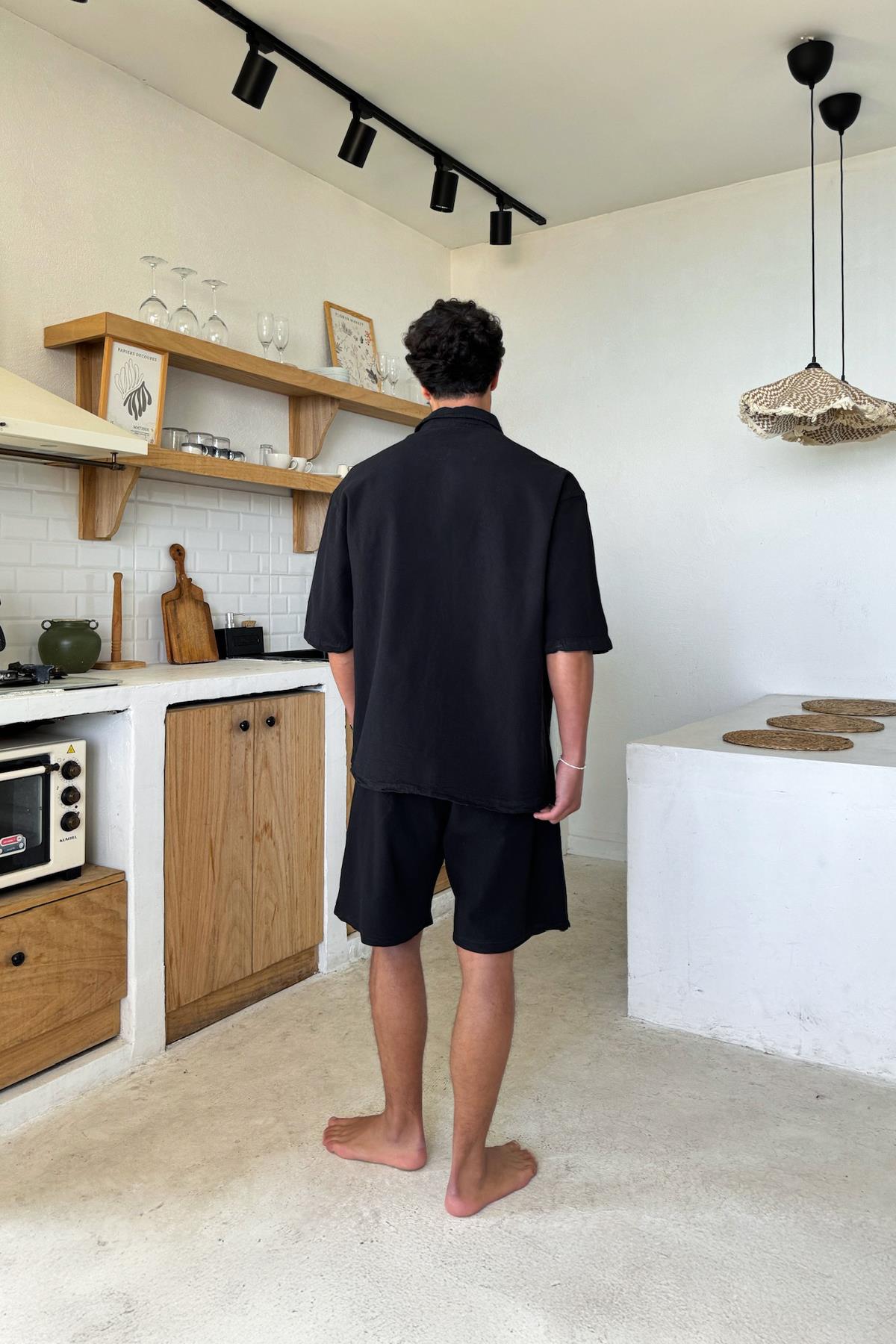 Bel Lastikli Keten Şort Siyah