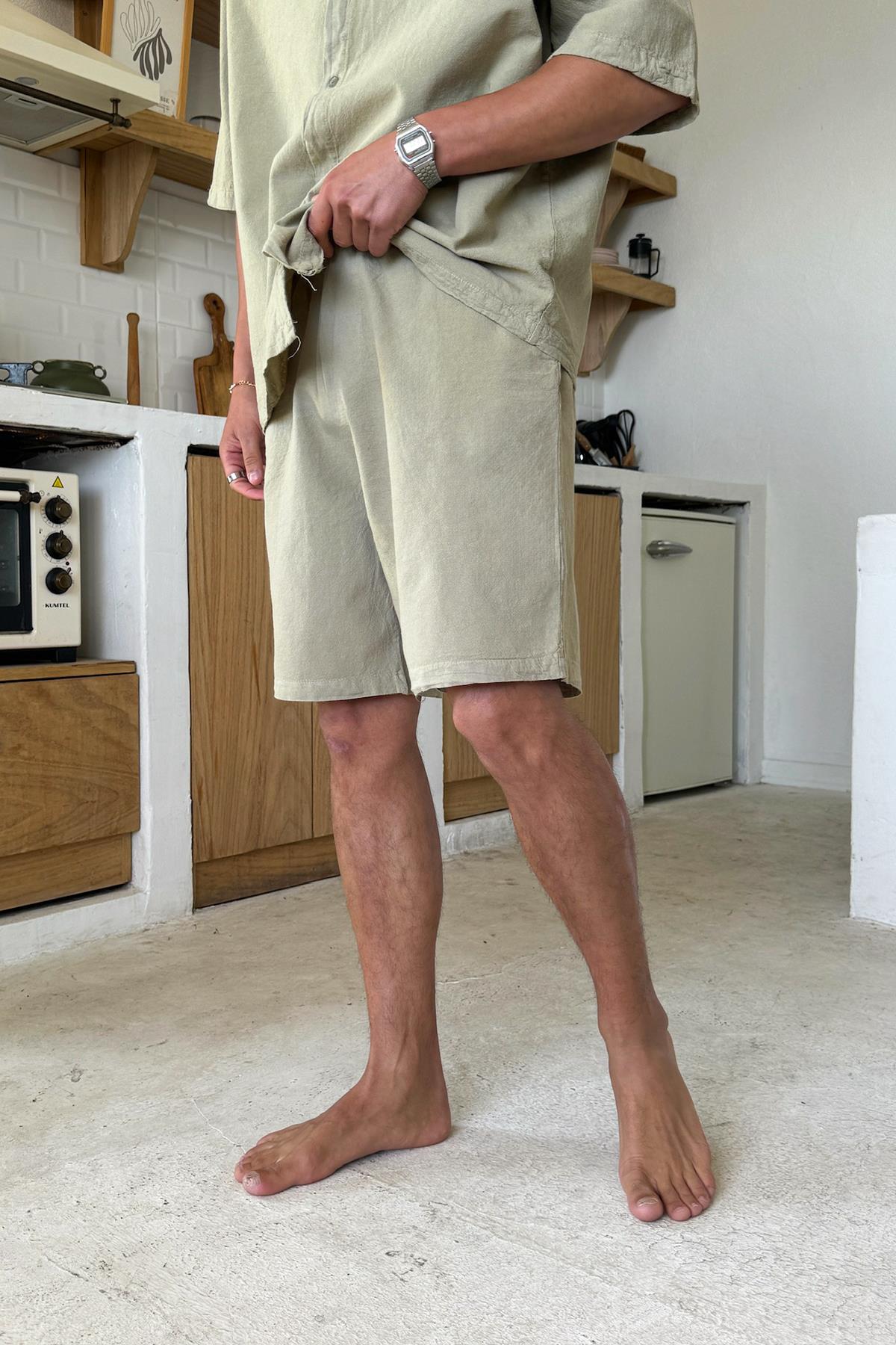 Bel Lastikli Keten Şort Haki