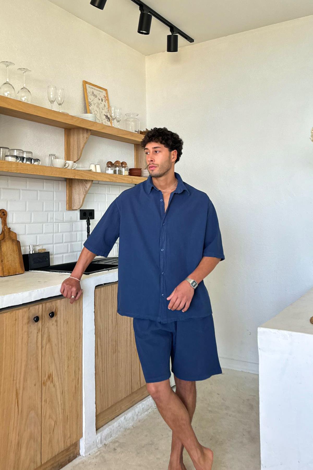 Bel Lastikli Keten Şort Lacivert