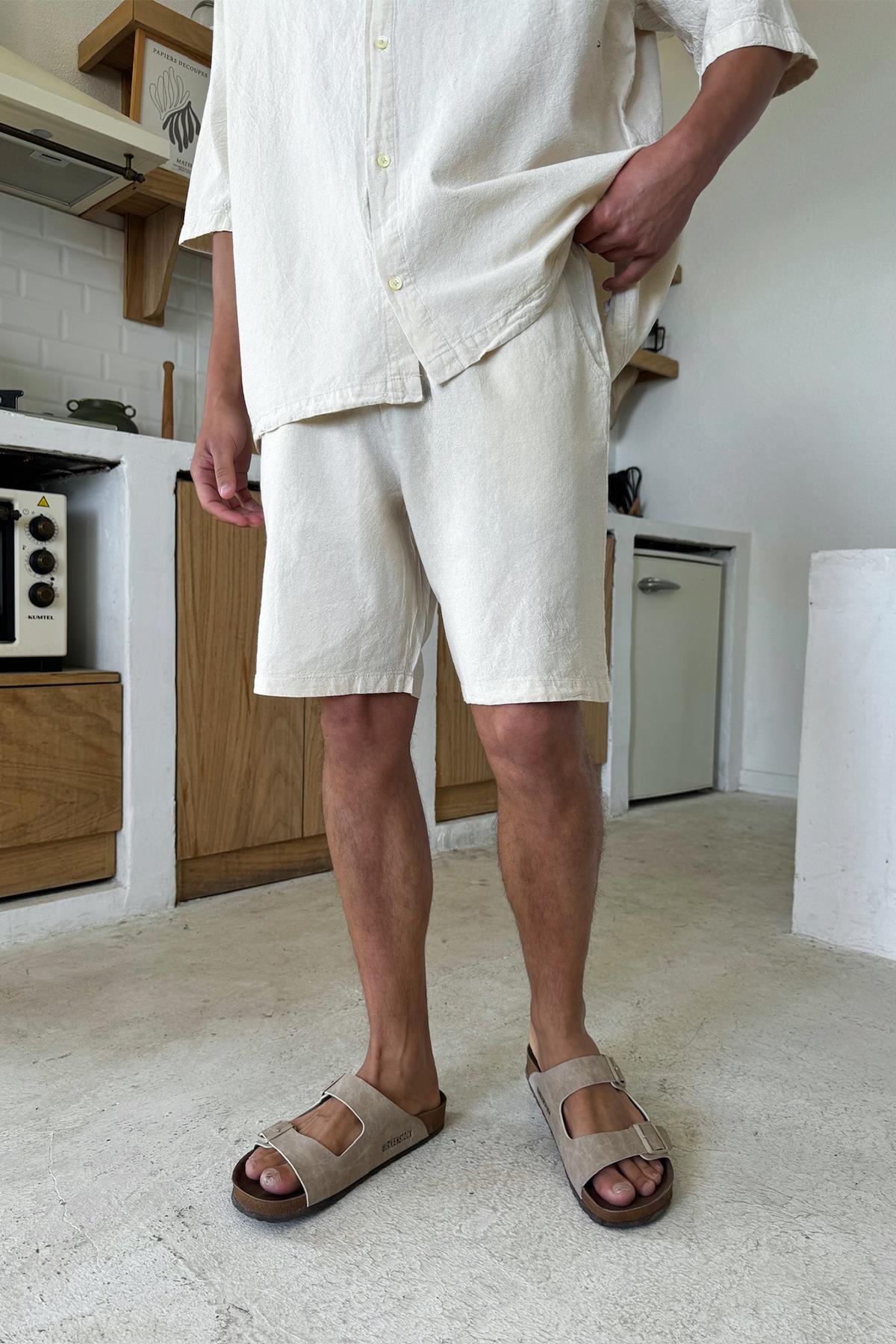 Krem Bel Lastikli Keten Şort Bej