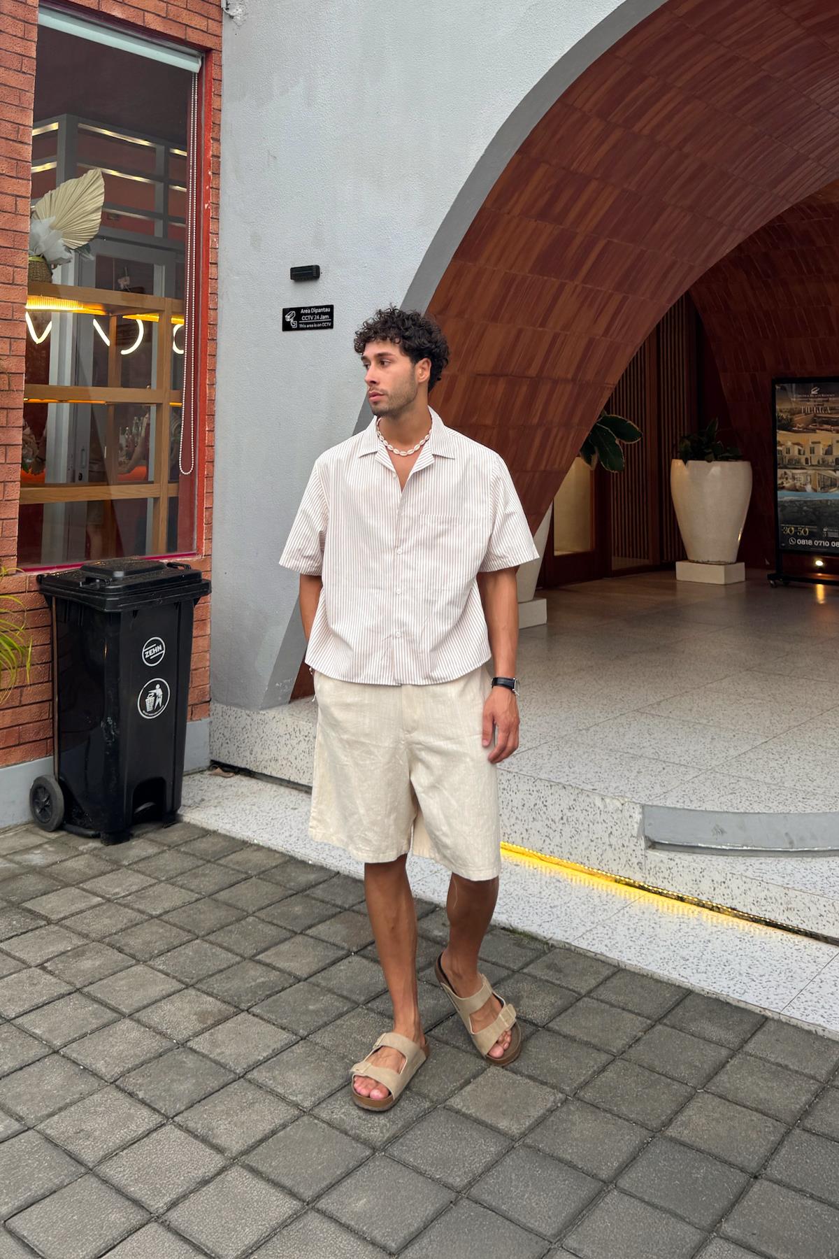 Bel Lastikli Keten Şort Bej