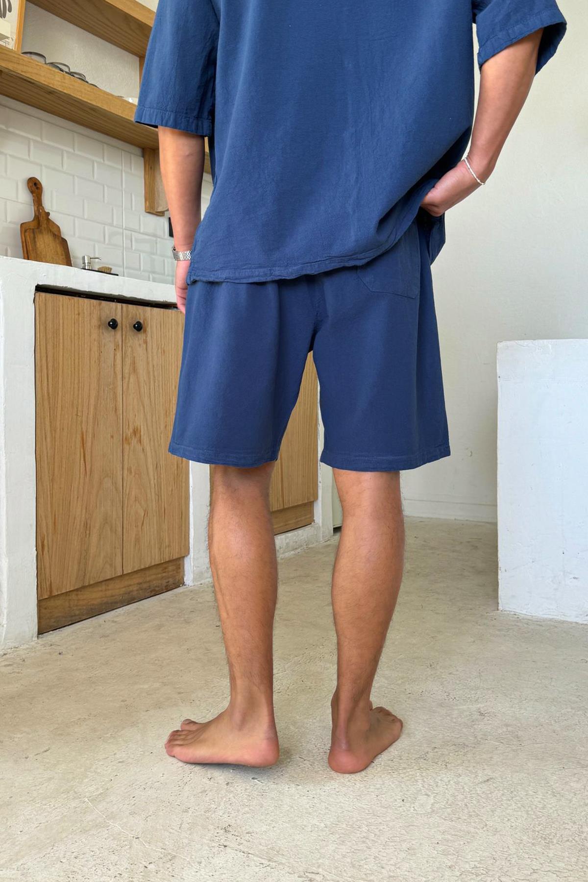 Bel Lastikli Keten Şort Lacivert
