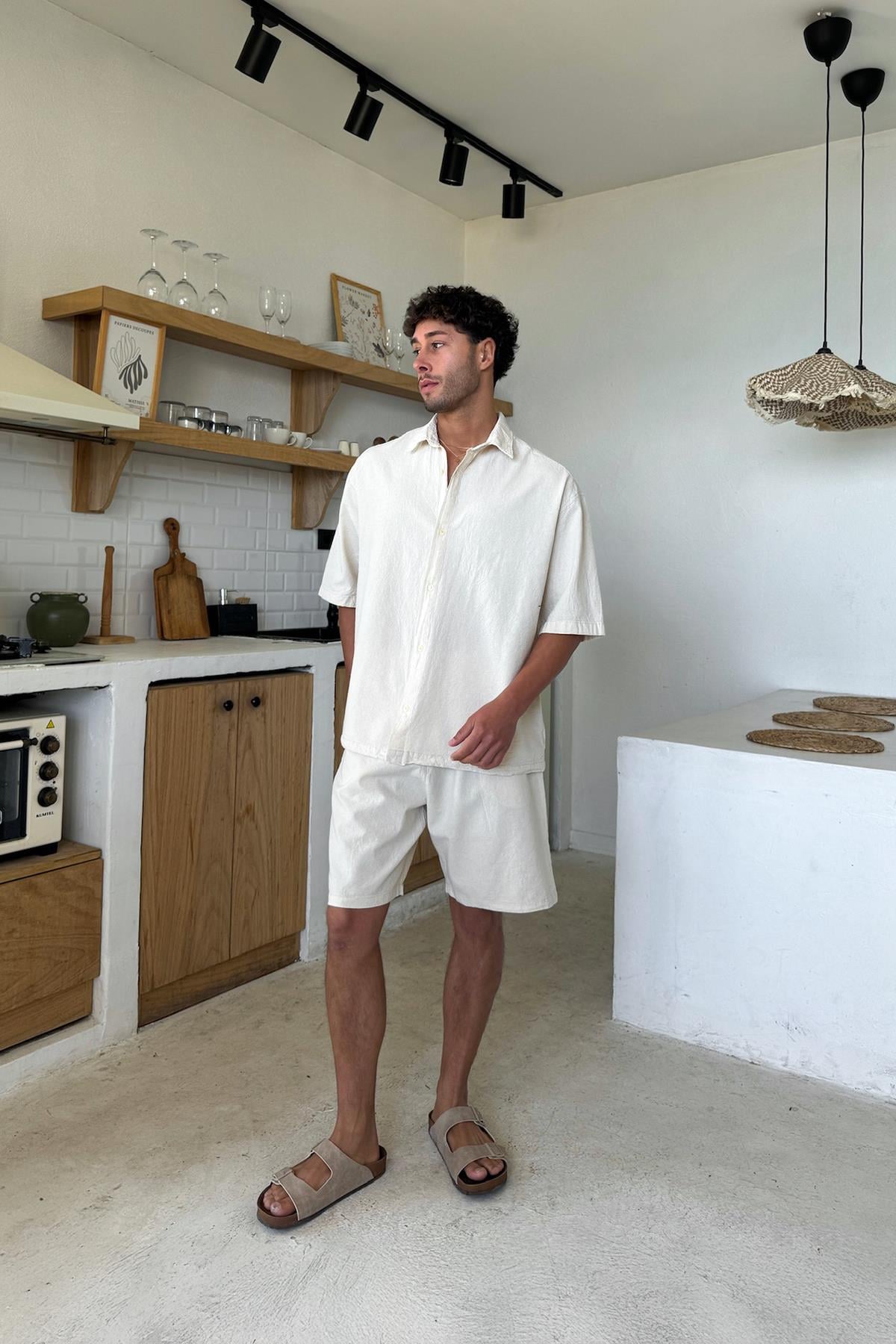 Krem Bel Lastikli Keten Şort Bej