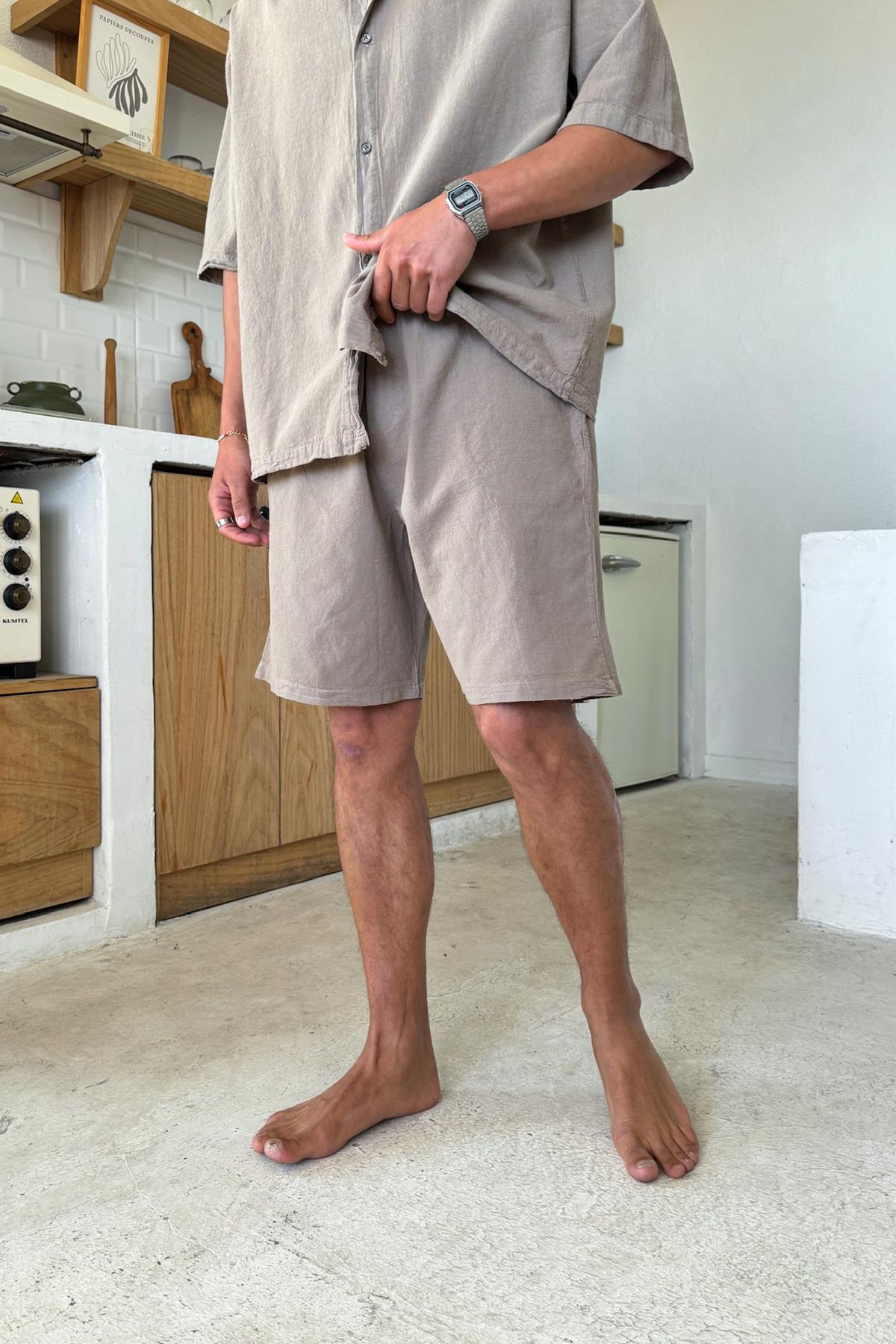 Sütlü Kahve Bel Lastikli Keten Şort Kahverengi