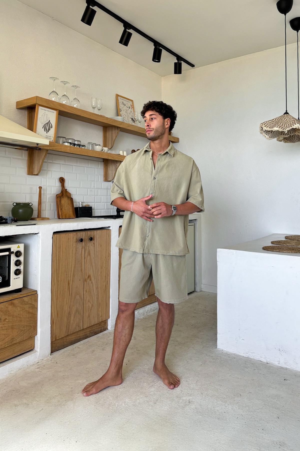 Bel Lastikli Keten Şort Haki