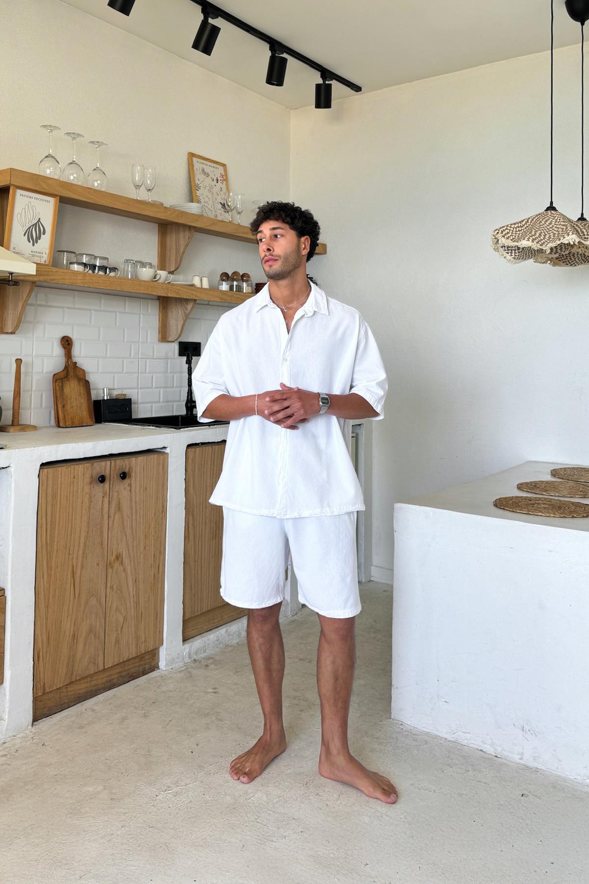 Bel Lastikli Keten Şort Beyaz