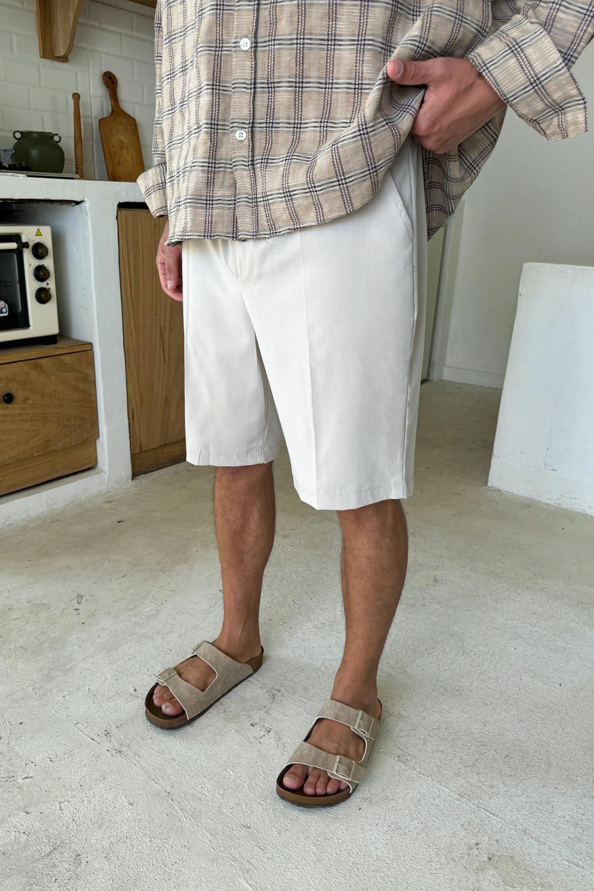 Bel Lastikli Kumaş Şort Taş Rengi