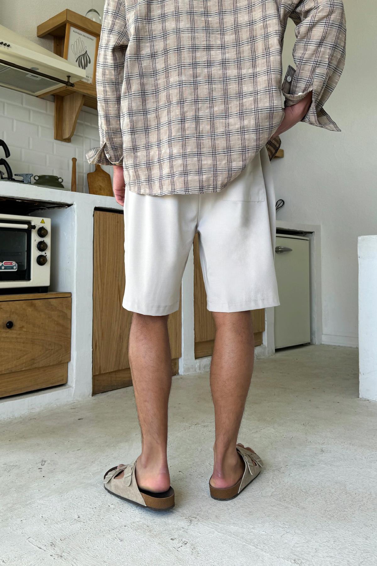 Bel Lastikli Kumaş Şort Taş Rengi