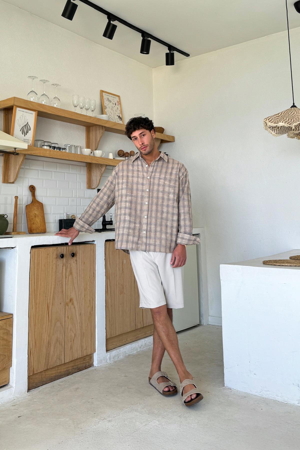 Bel Lastikli Kumaş Şort Taş Rengi