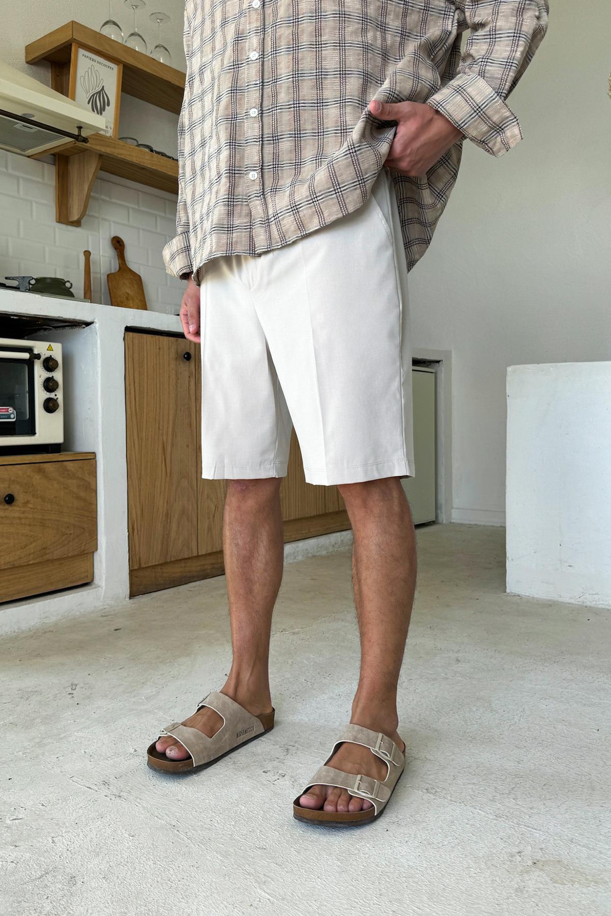 Bel Lastikli Kumaş Şort Taş Rengi