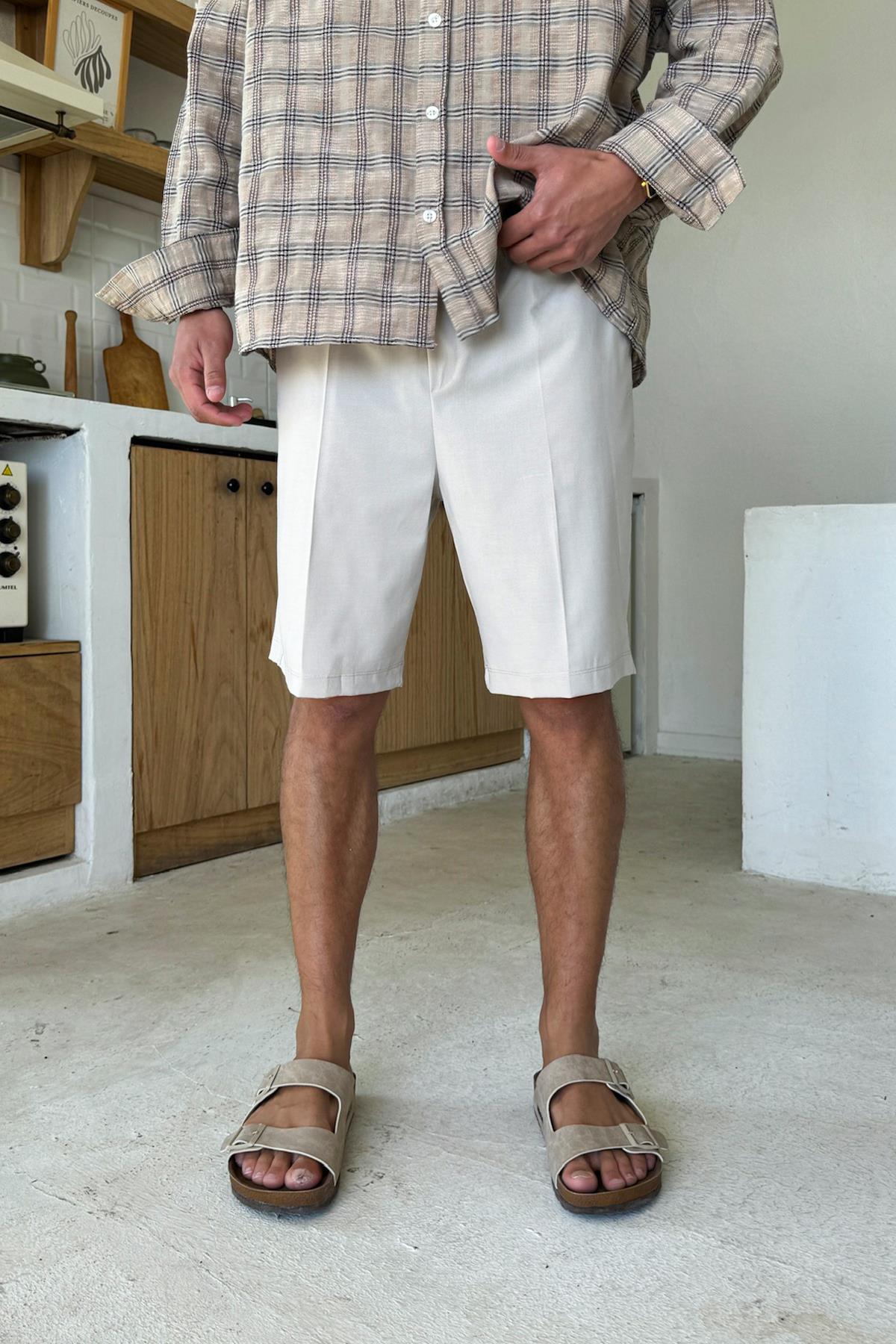 Bel Lastikli Kumaş Şort Taş Rengi