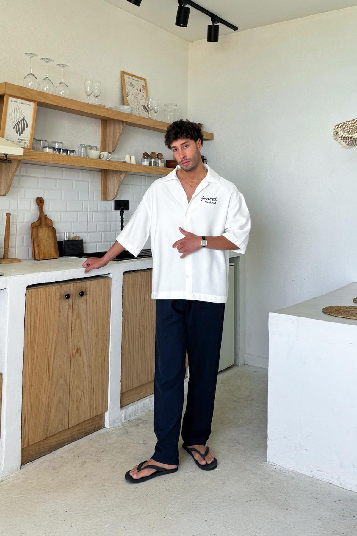 Bel Lastikli Müslin Kumaş Pantolon Lacivert