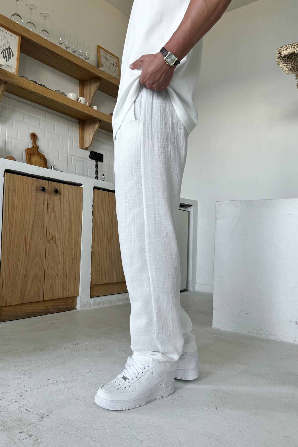 Bel Lastikli Müslin Kumaş Pantolon Beyaz