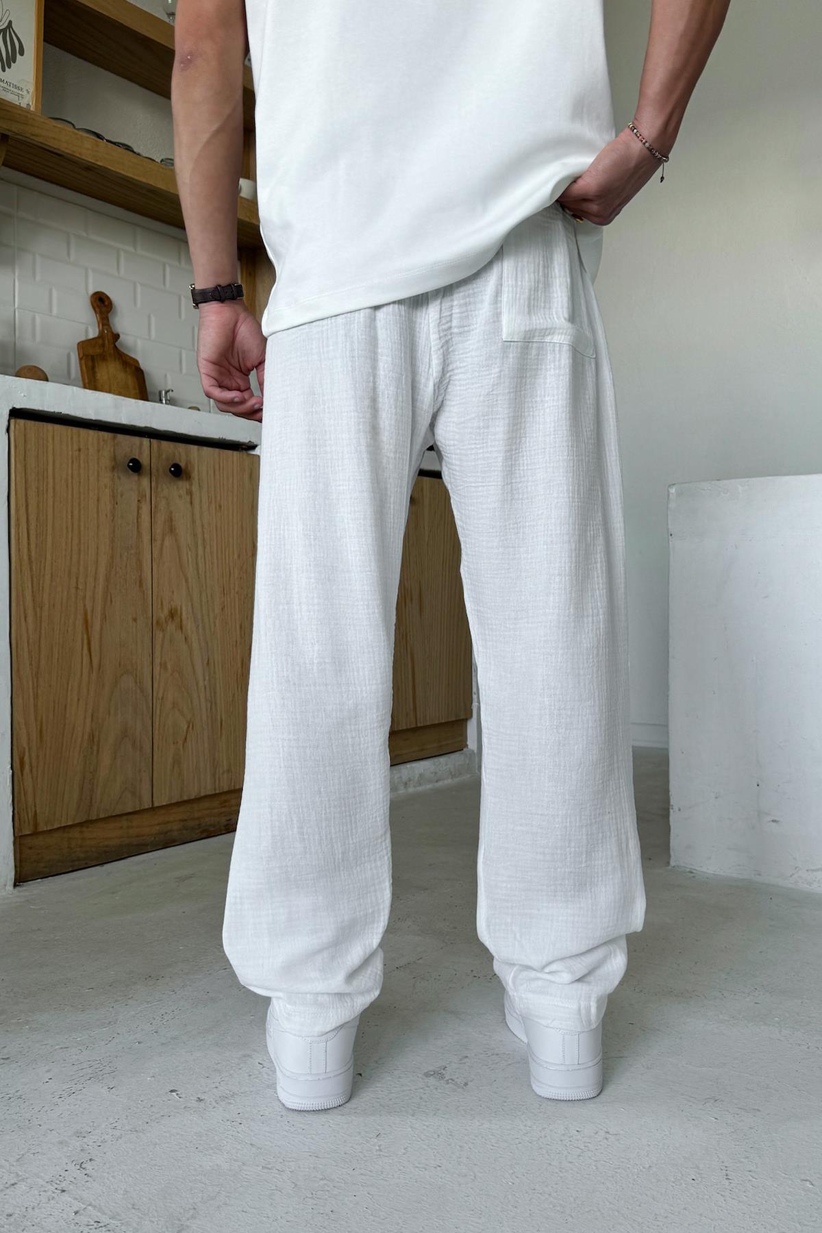 Bel Lastikli Müslin Kumaş Pantolon Beyaz