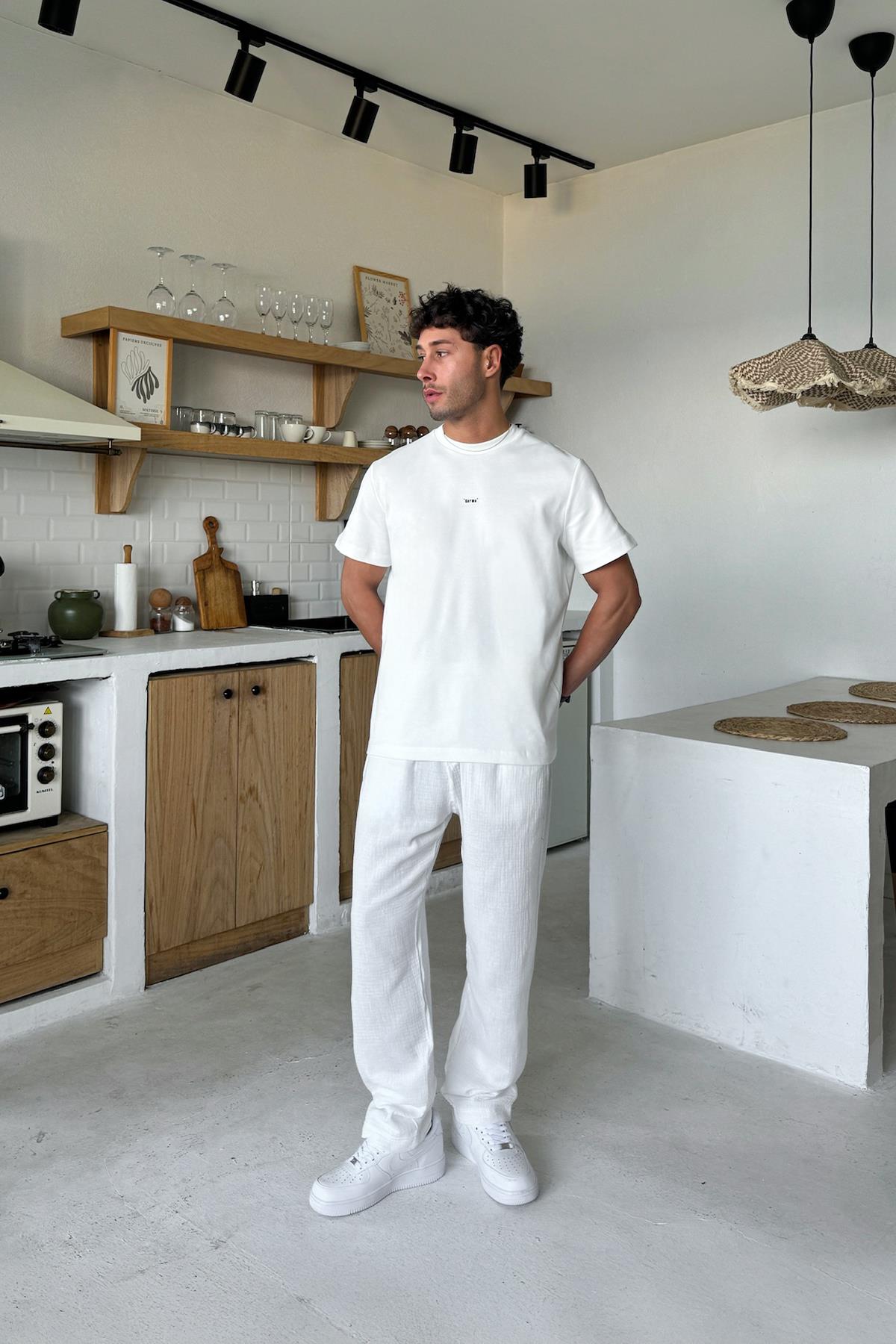 Bel Lastikli Müslin Kumaş Pantolon Beyaz