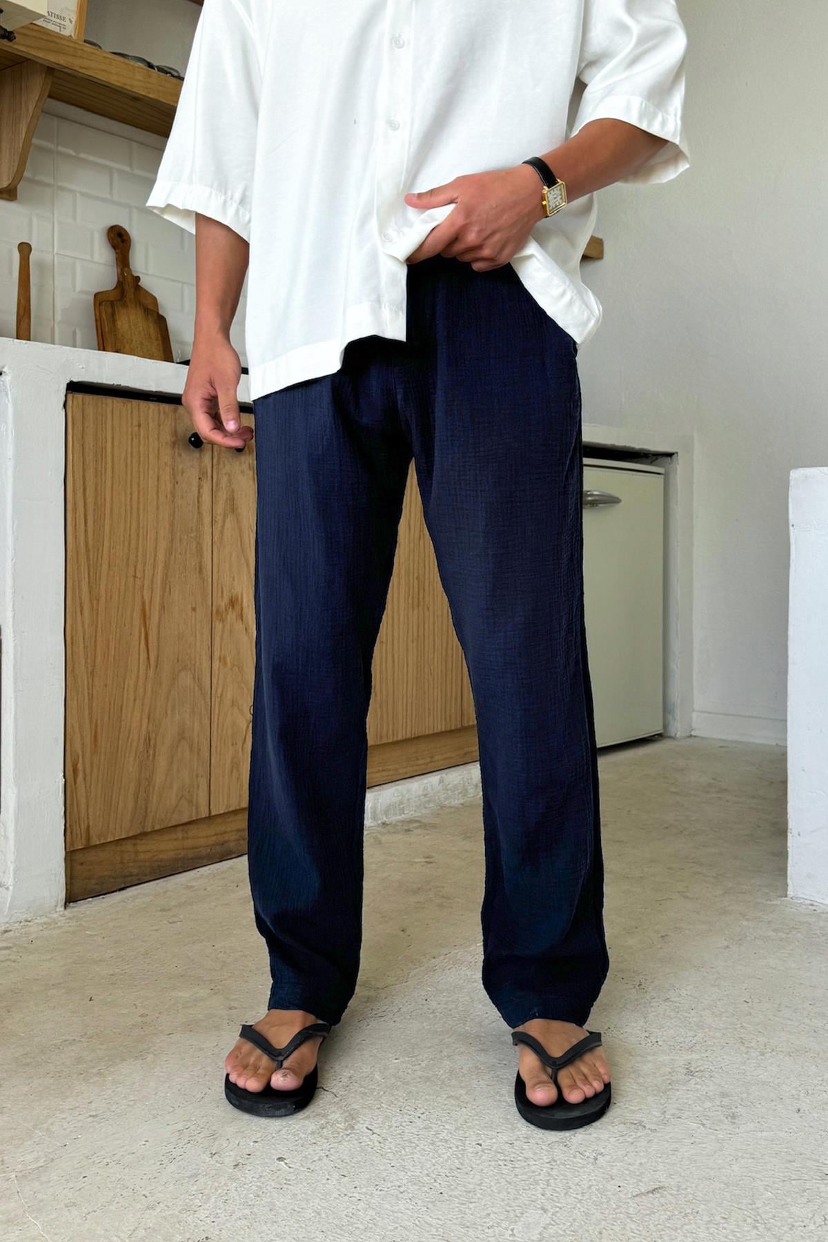 Bel Lastikli Müslin Kumaş Pantolon Lacivert