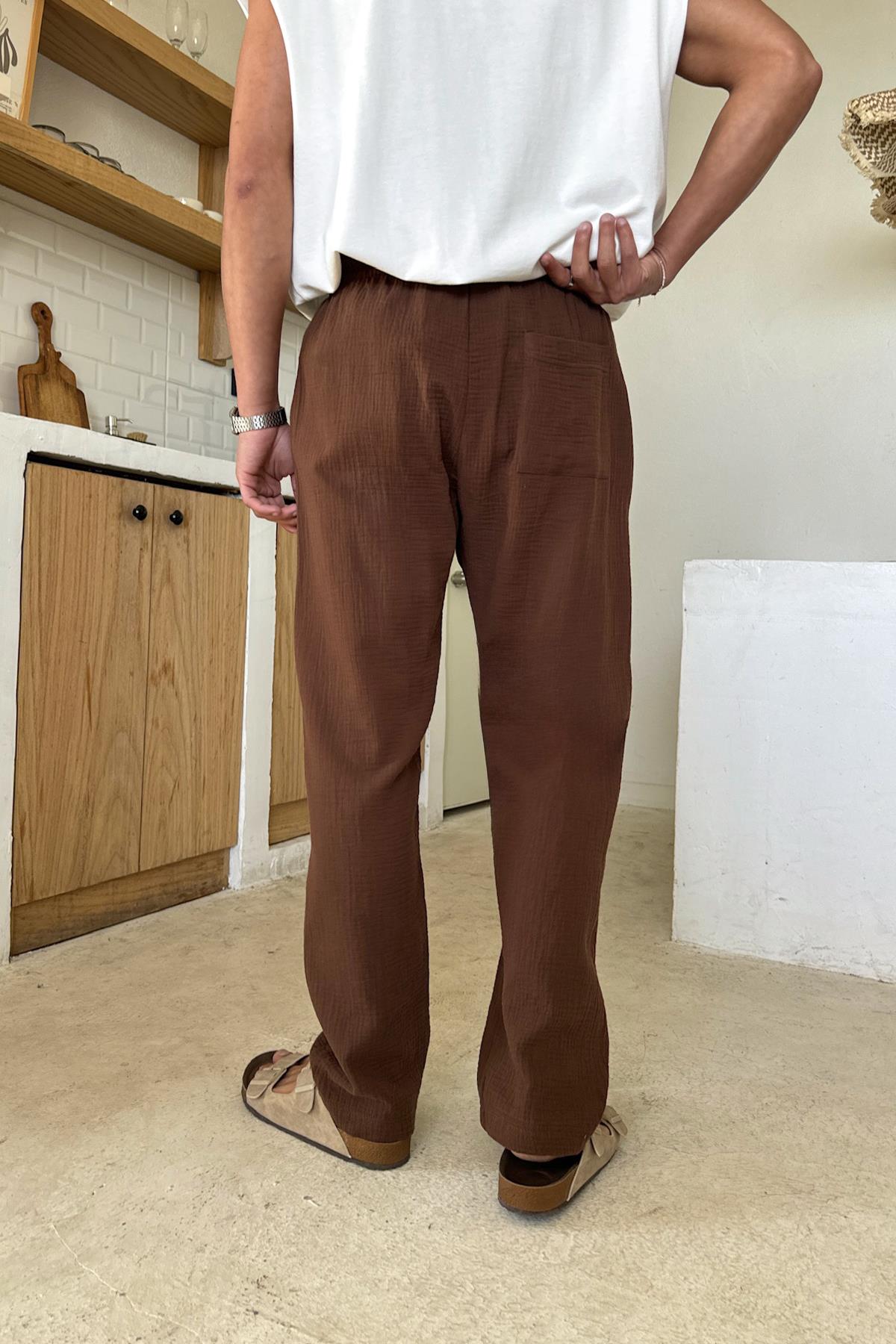 Bel Lastikli Müslin Kumaş Pantolon Kahverengi