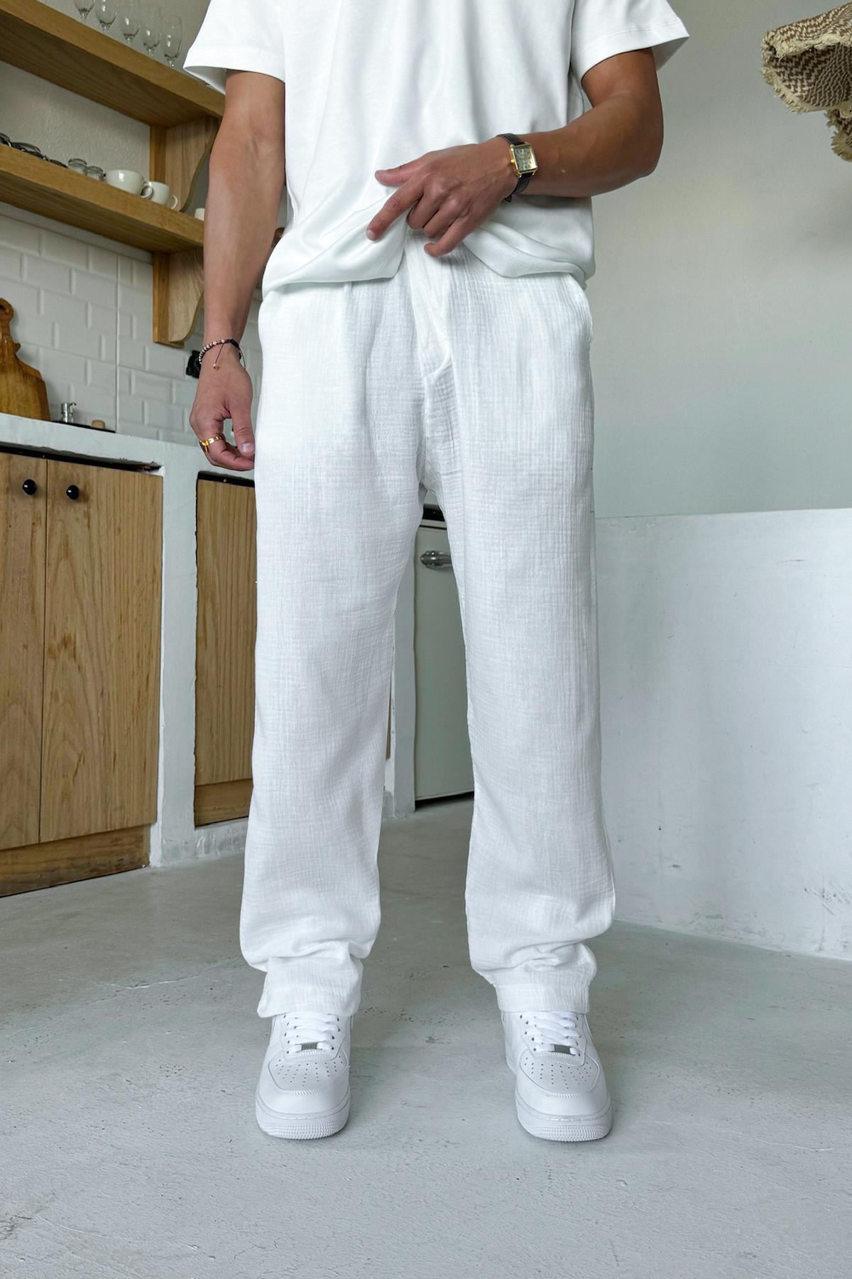 Bel Lastikli Müslin Kumaş Pantolon Beyaz