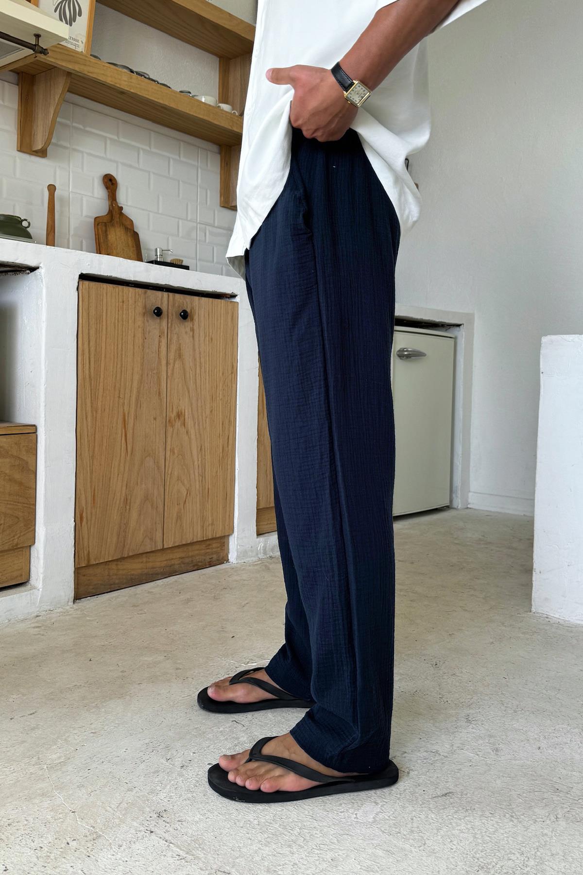 Bel Lastikli Müslin Kumaş Pantolon Lacivert