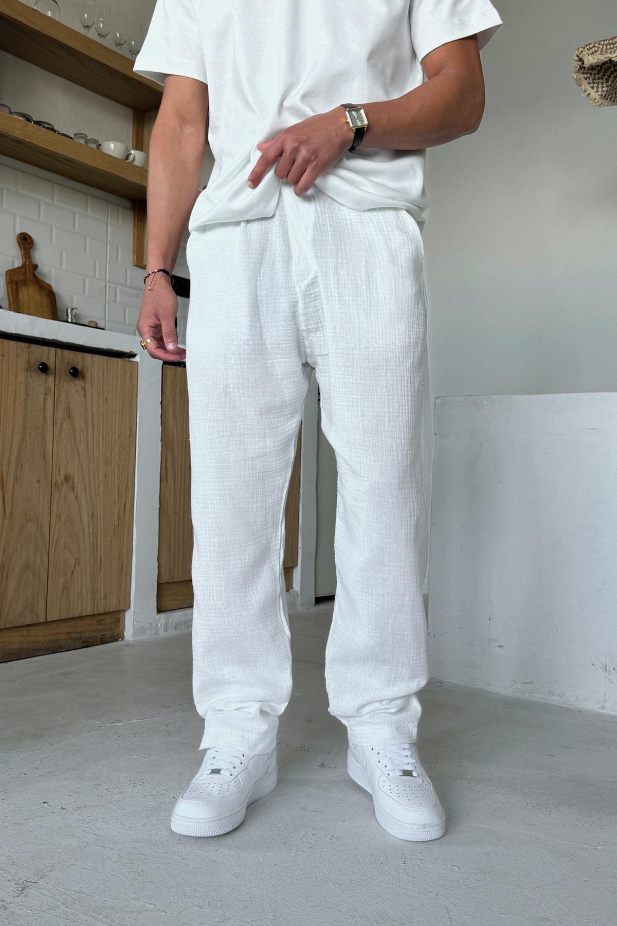 Bel Lastikli Müslin Kumaş Pantolon Beyaz