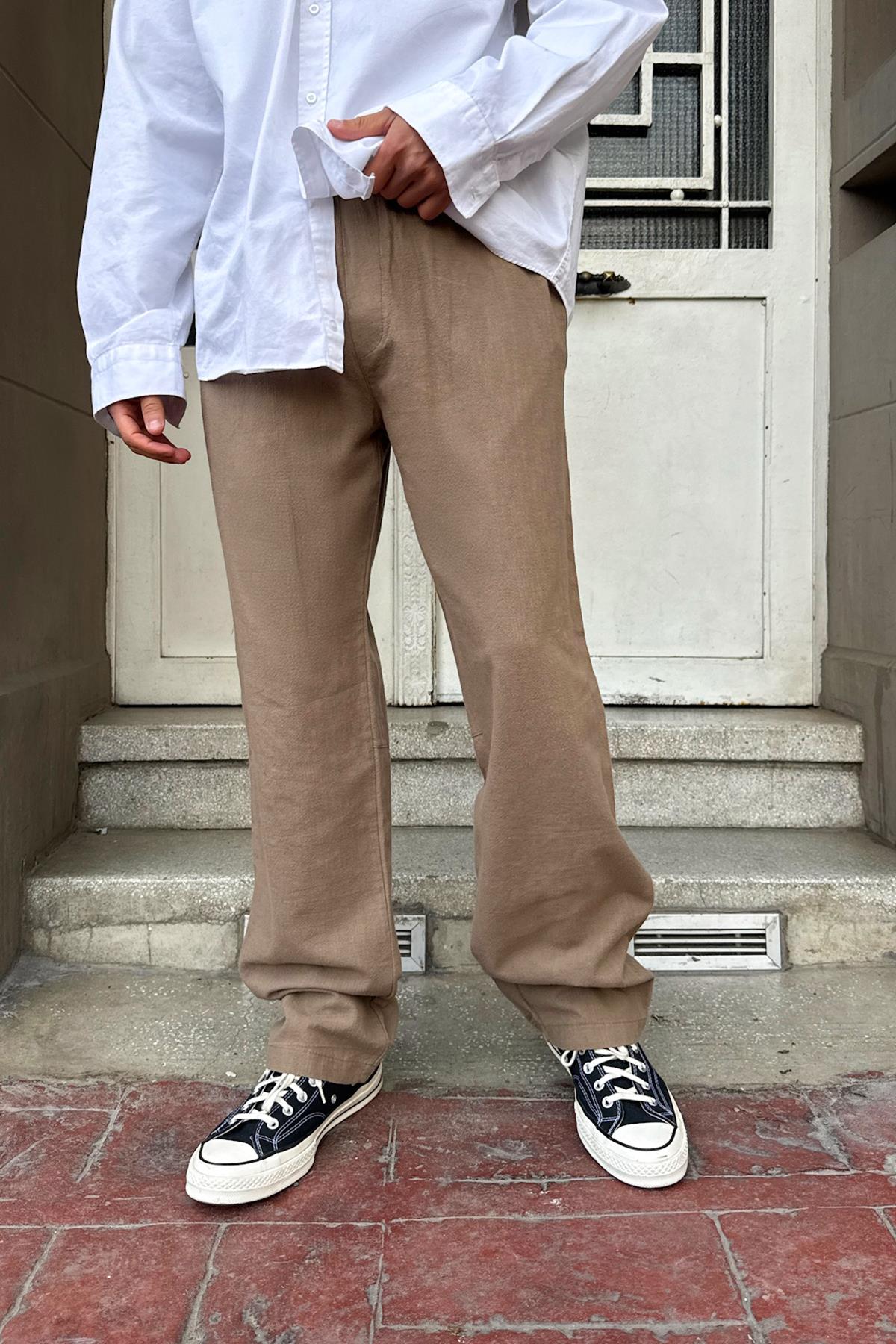 Bel Lastikli Nakış Detay Pantolon Kahverengi