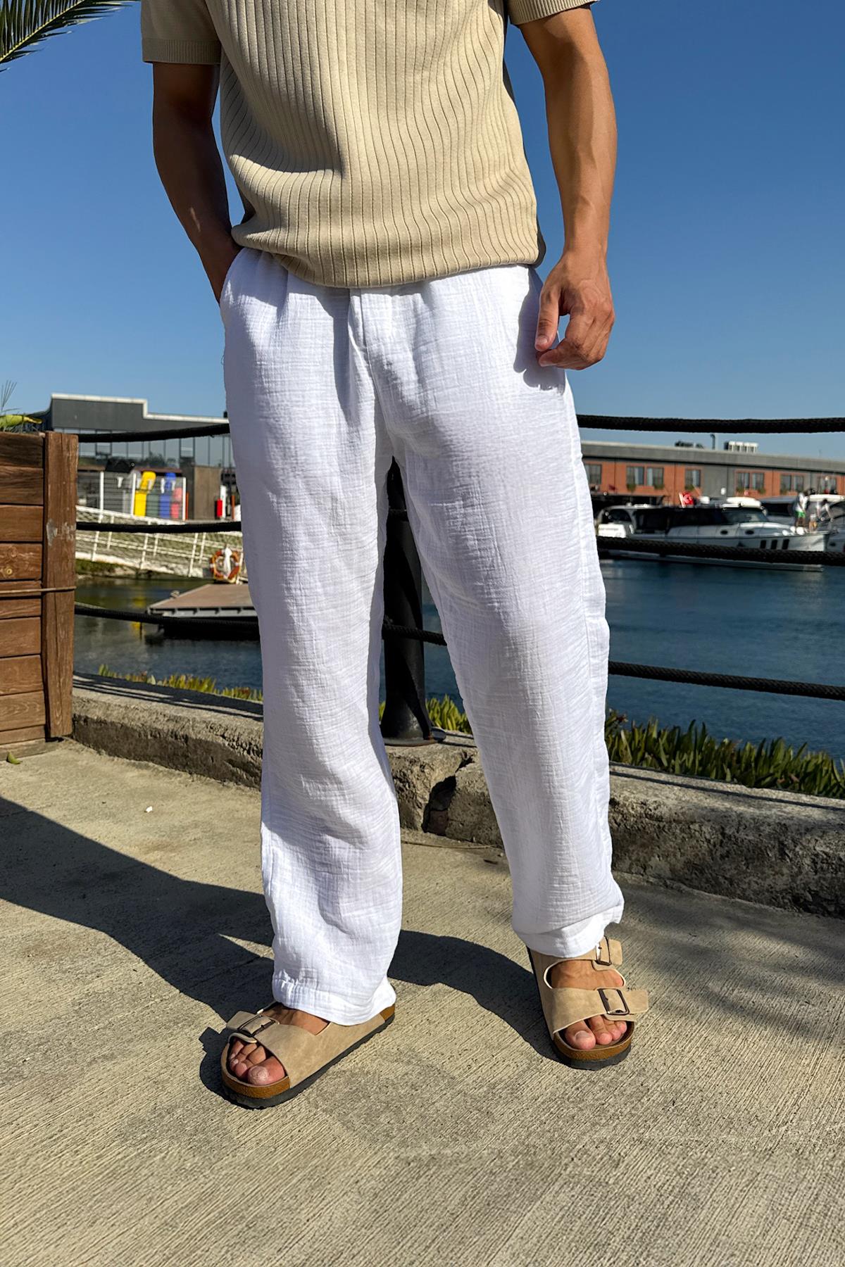 Bel Lastikli Rahat Baggy Pantolon Beyaz