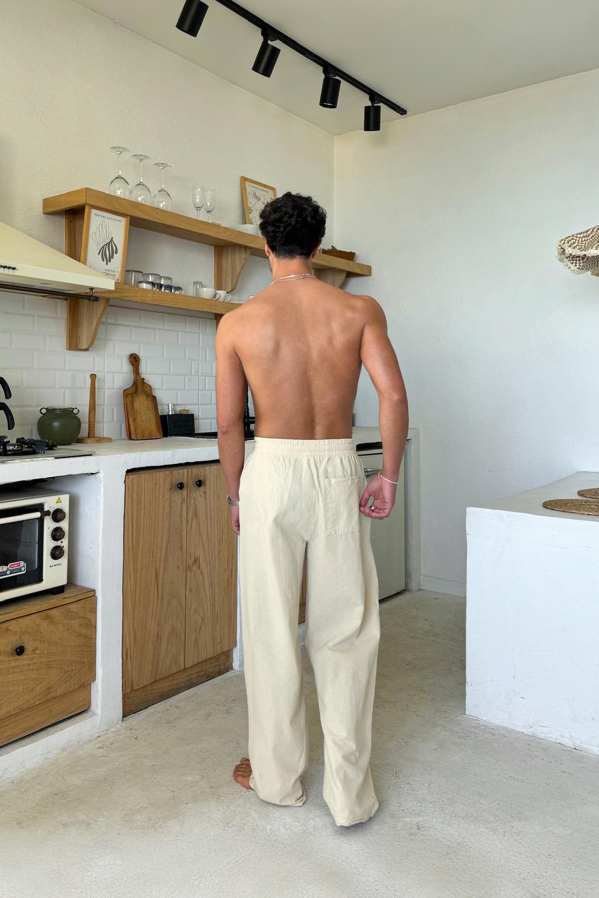 Bel Lastikli Rahat Kesim Keten Pantolon Bej