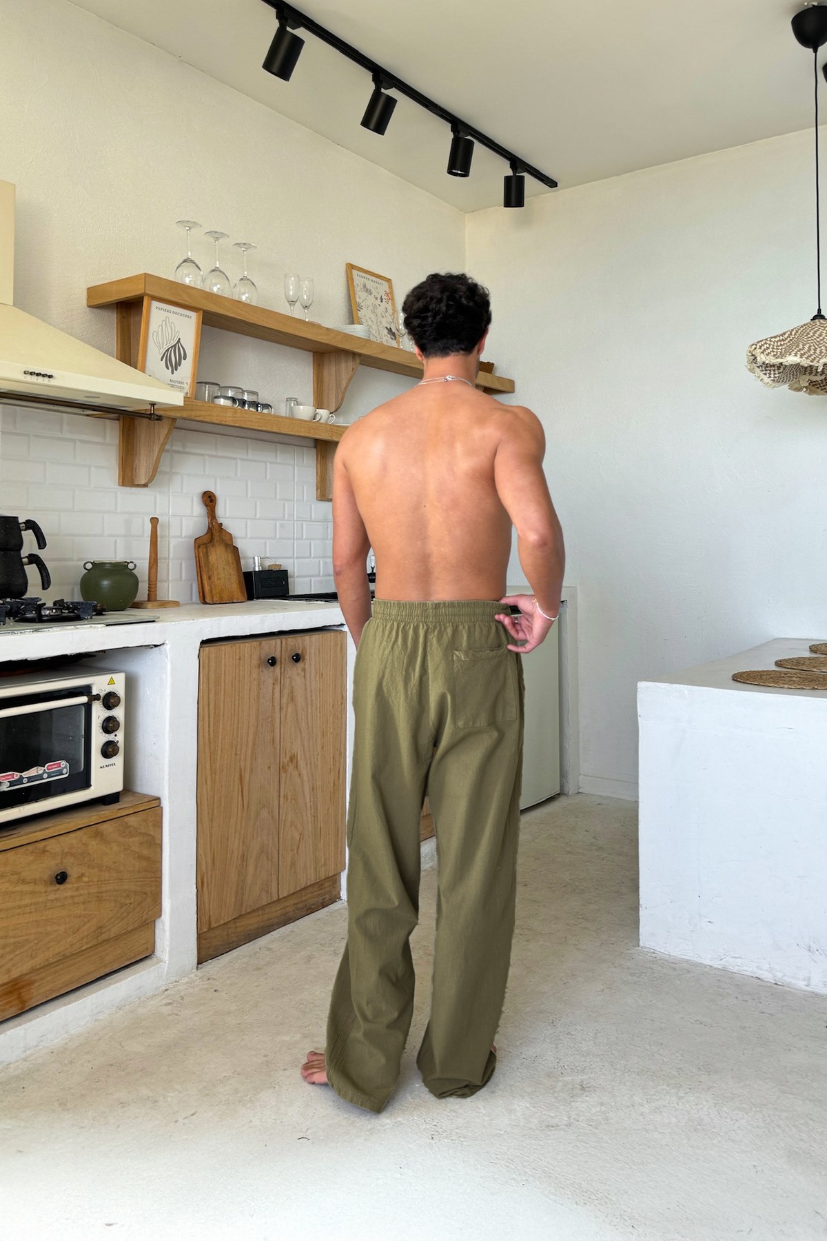 Bel Lastikli Rahat Kesim Keten Pantolon Haki