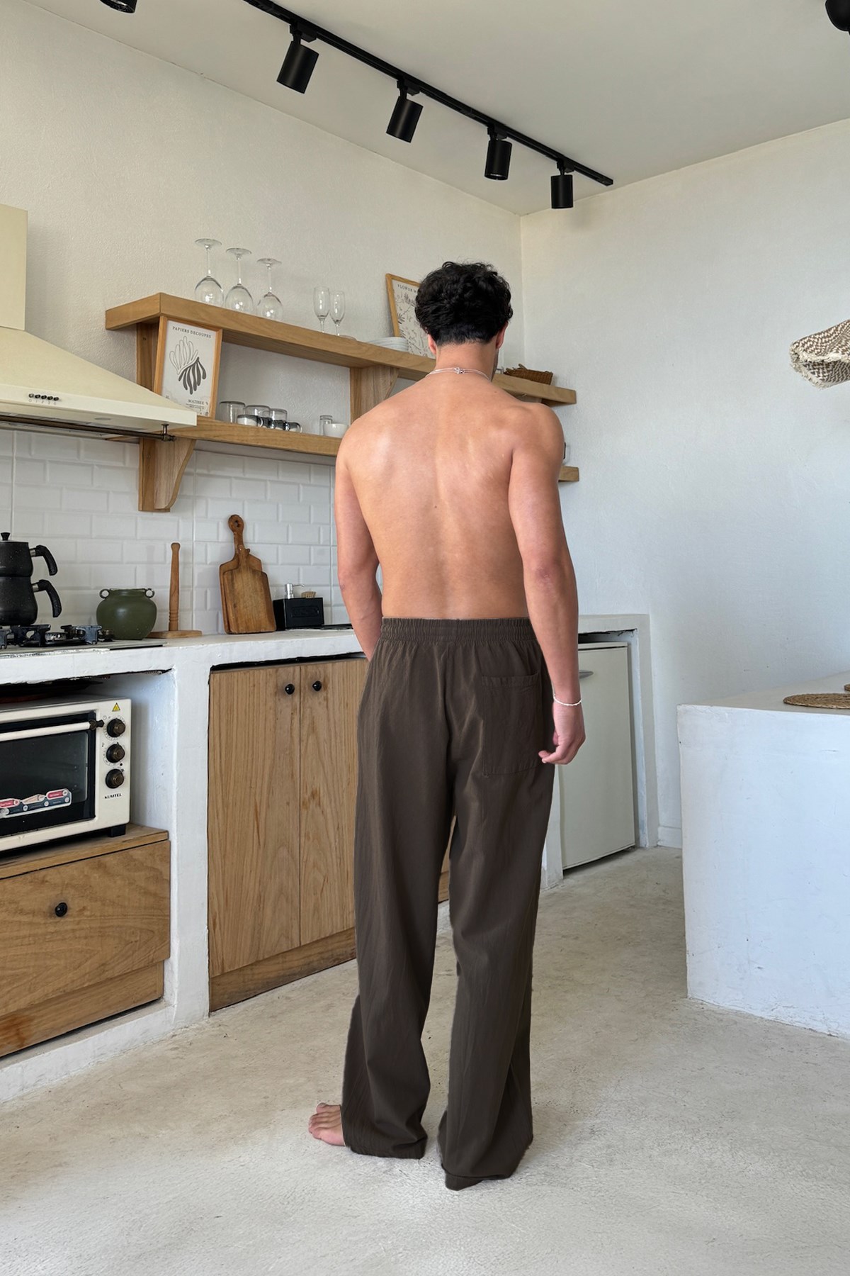 Bel Lastikli Rahat Kesim Keten Pantolon Kahverengi