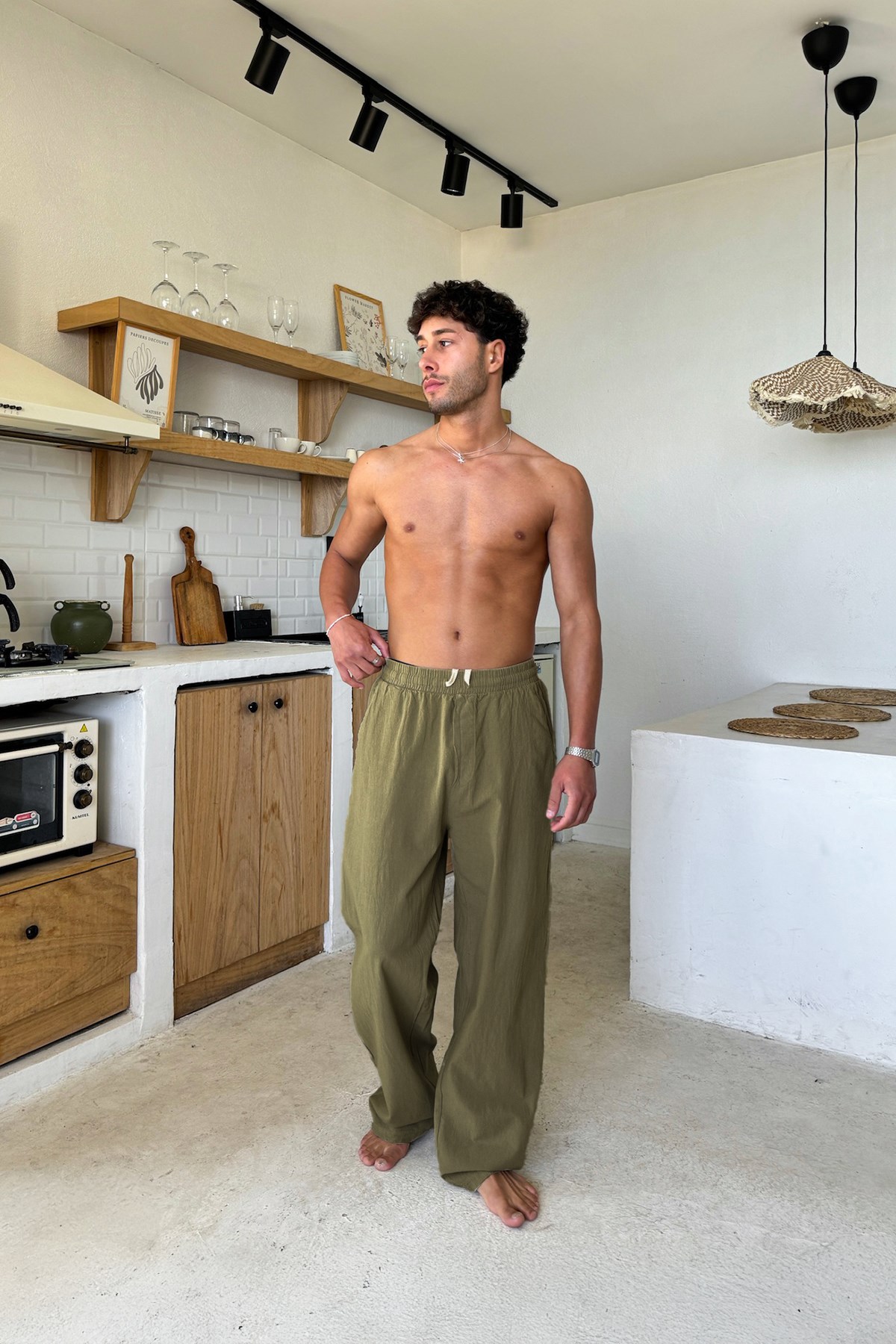 Bel Lastikli Rahat Kesim Keten Pantolon Haki